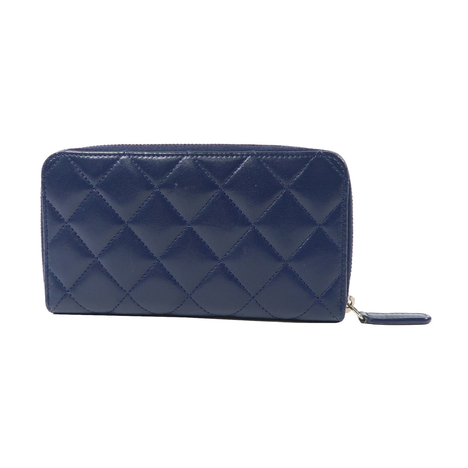 CHANEL 菱格羊皮皮革Zipper Long Wallet銀扣拉鍊長錢包深藍色