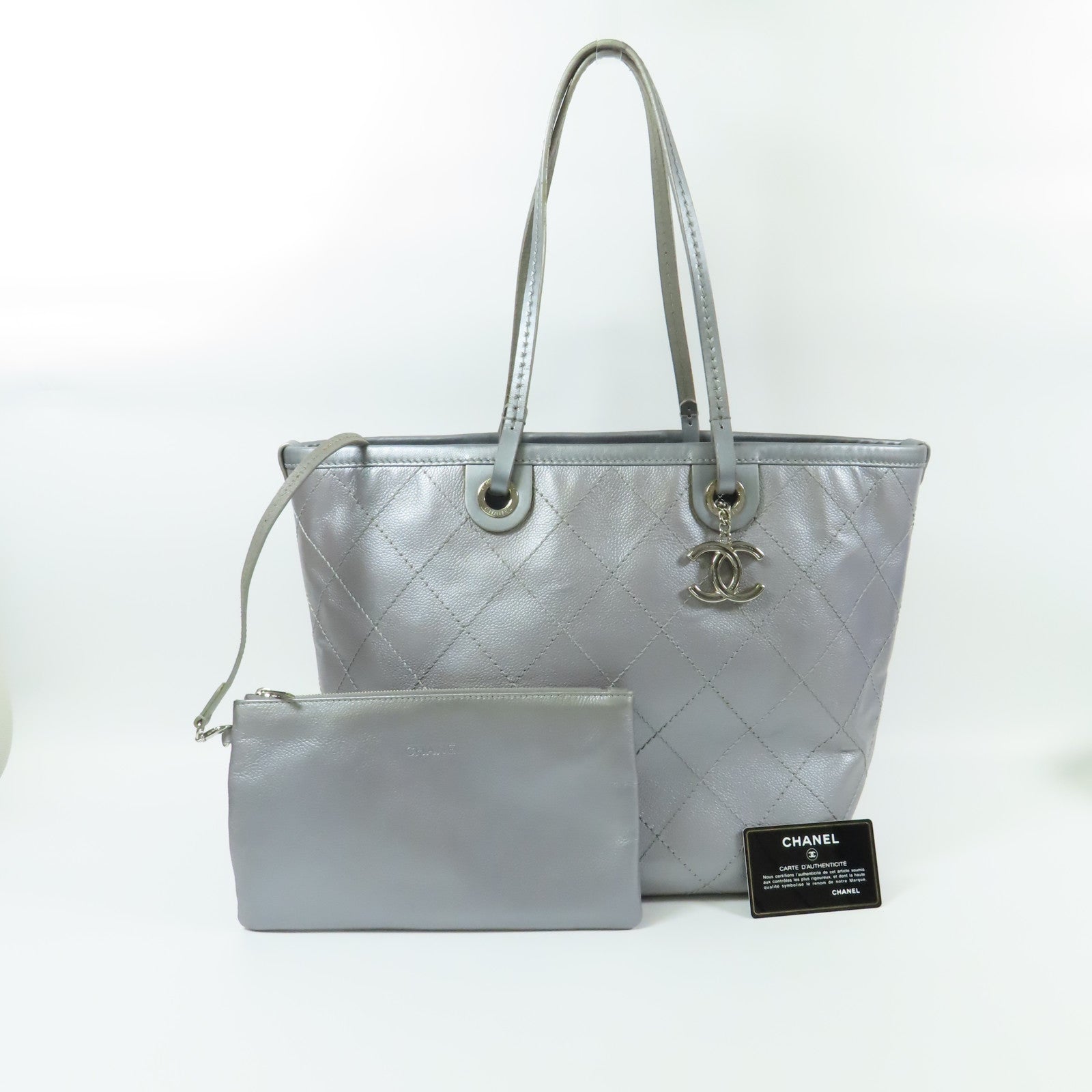 CHANEL CC SHW Shoulder Bag Tote Bag Calfskin Leather Silver