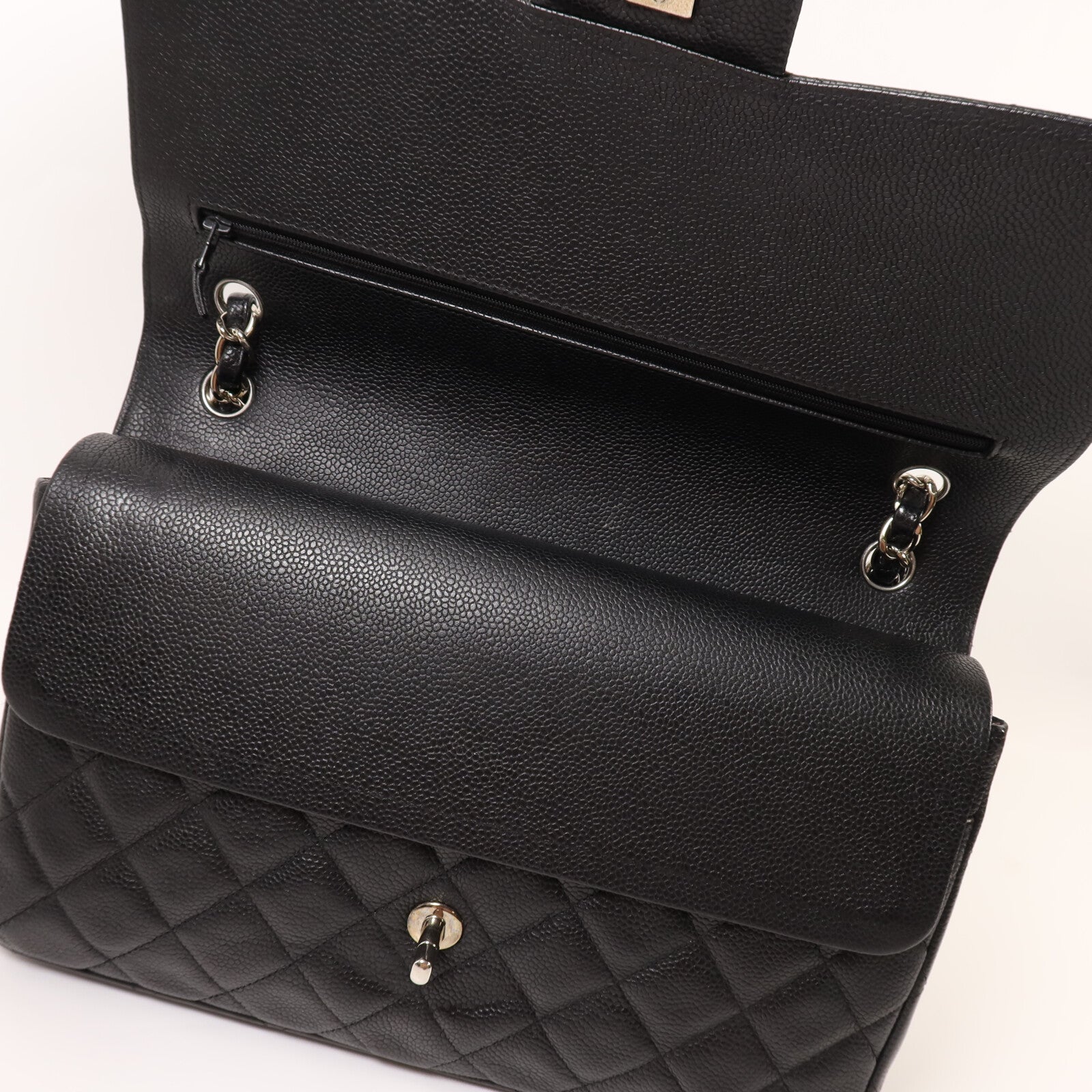 CHANEL 牛皮皮革Large Classic銀扣鏈帶肩背袋