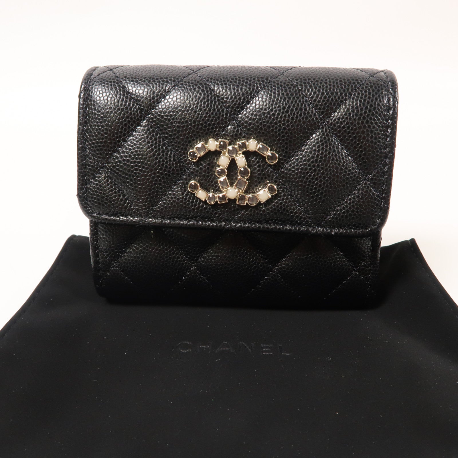 CHANEL 菱格Caviar皮革Small Flap Wallet金扣折疊錢包黑色