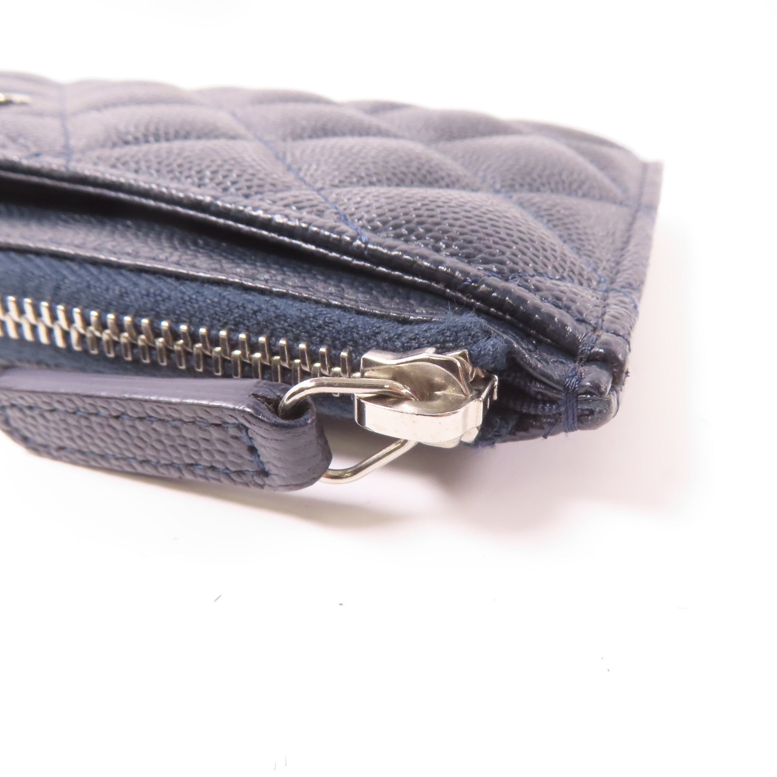 CHANEL 菱格Caviar皮革Zipper Long Wallet銀扣長錢包深藍色