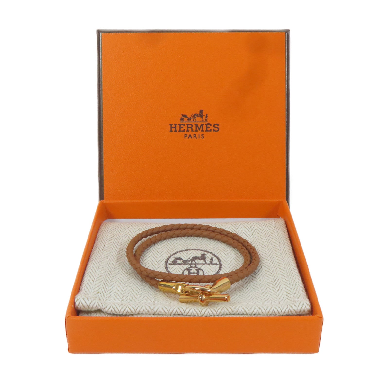 HERMES 皮革Glenan Double Bracelet手鏈啡色/金色