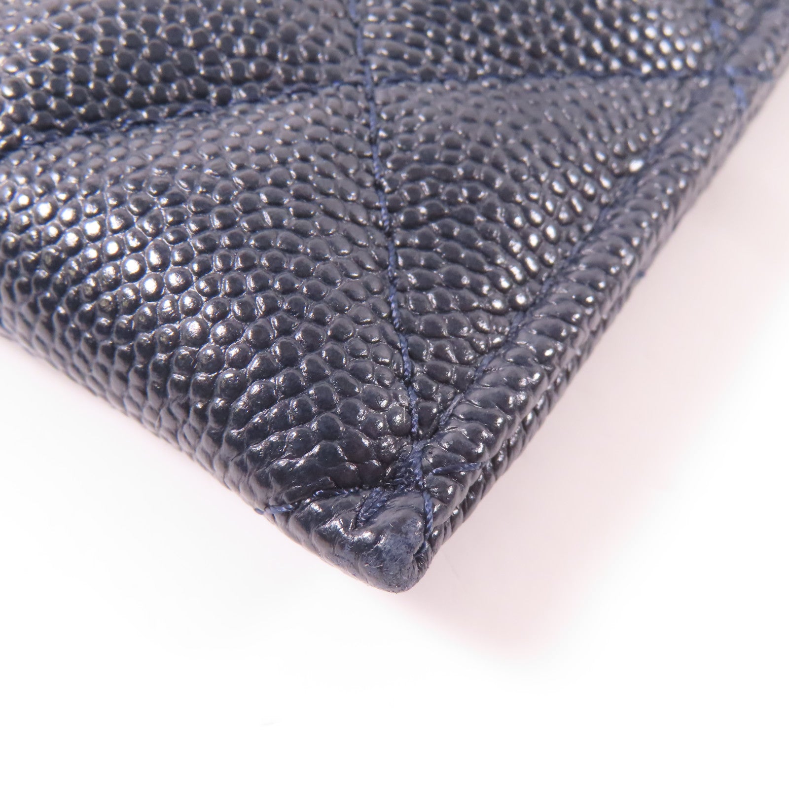CHANEL 菱格Caviar皮革Zipper Long Wallet銀扣長錢包深藍色