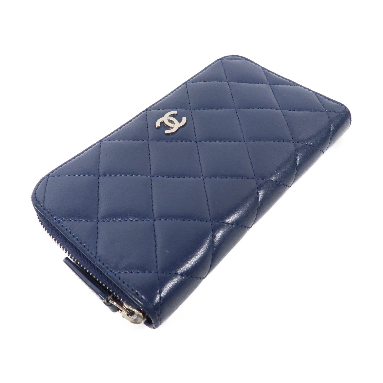 CHANEL 菱格羊皮皮革Zipper Long Wallet銀扣拉鍊長錢包深藍色
