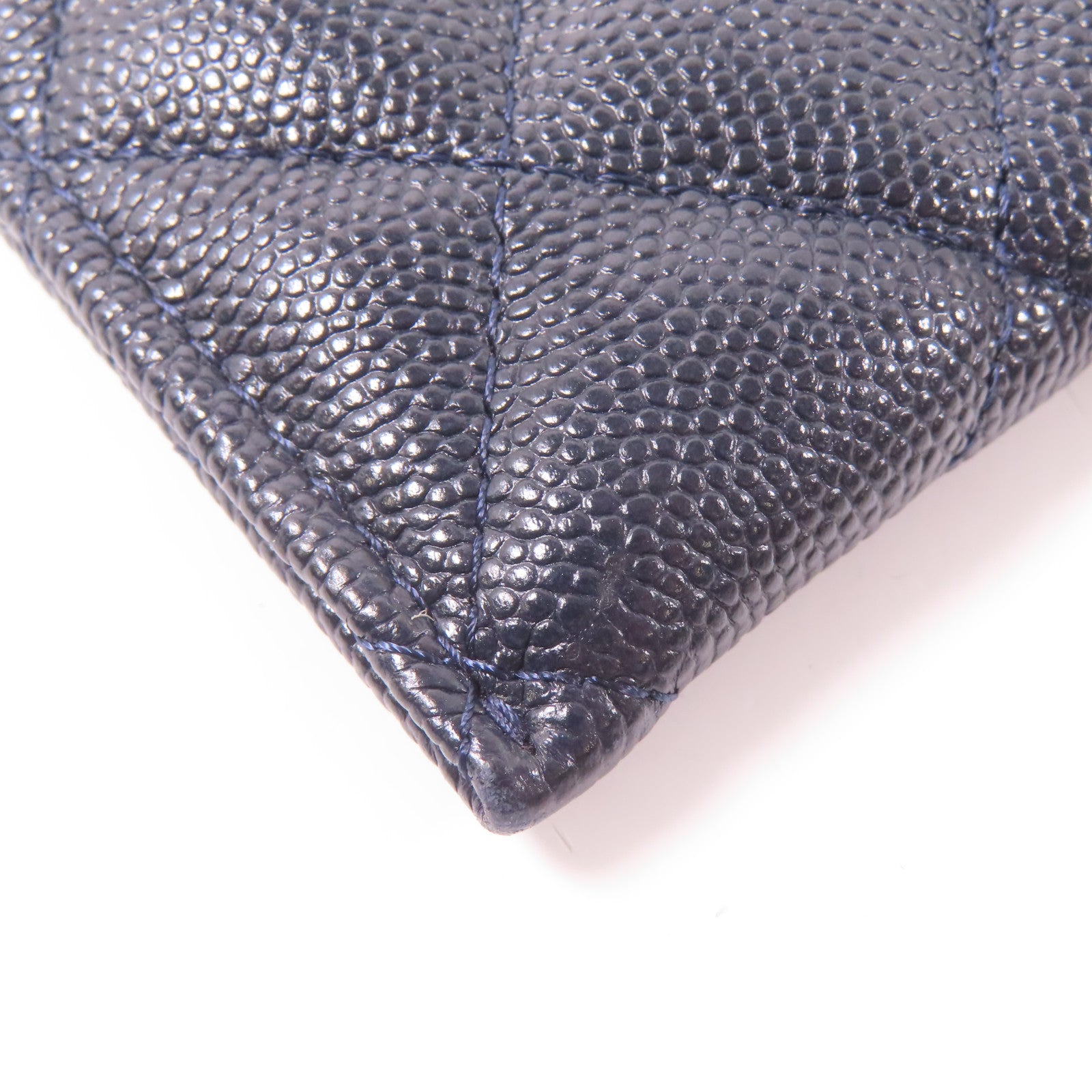 CHANEL 菱格Caviar皮革Zipper Long Wallet銀扣長錢包深藍色