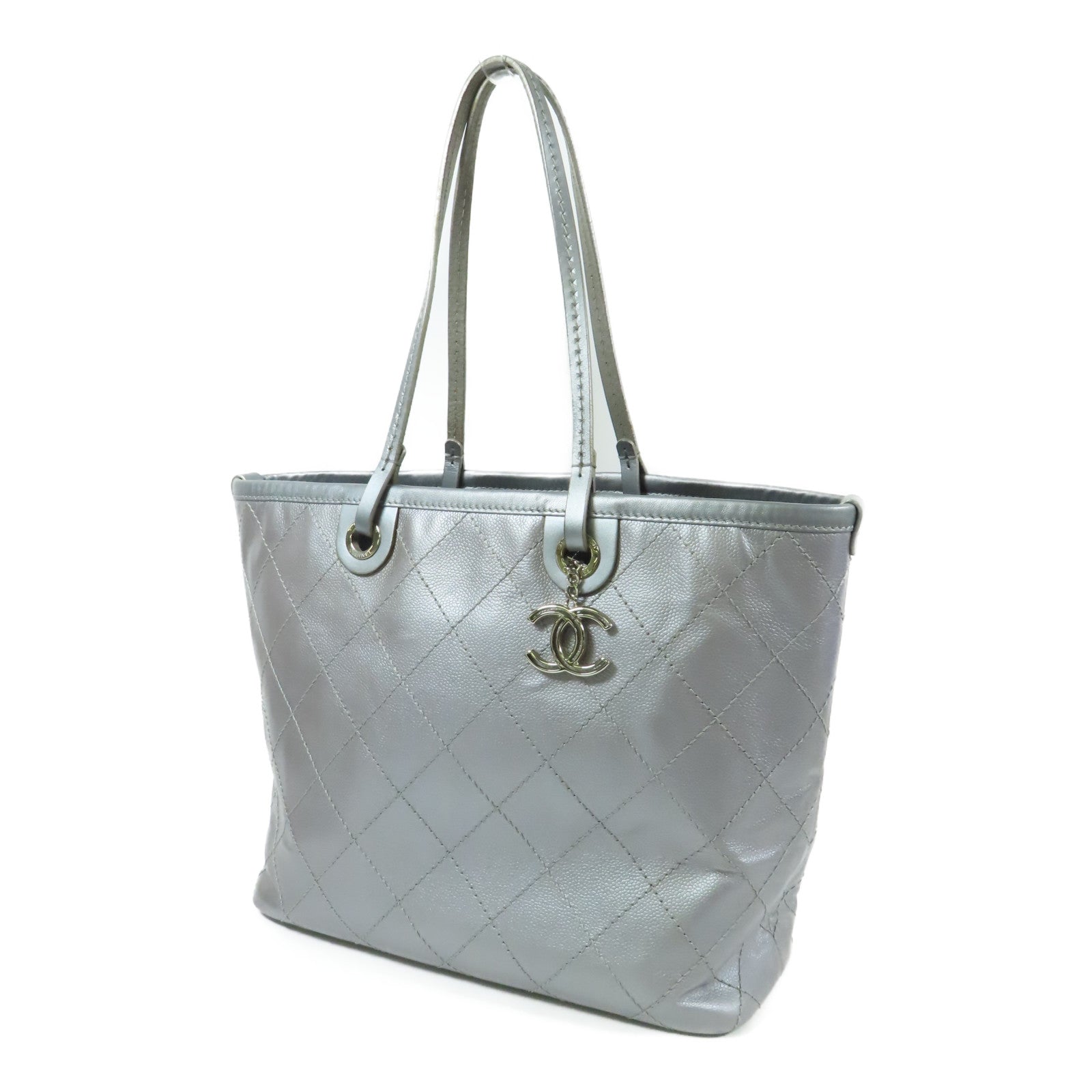 CHANEL CC SHW Shoulder Bag Tote Bag Calfskin Leather Silver