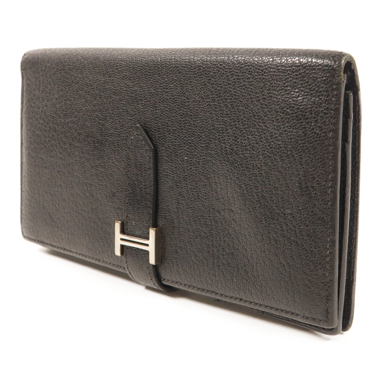 HERMES Chevre皮革Bearn Long Wallet銀扣長錢包Noir