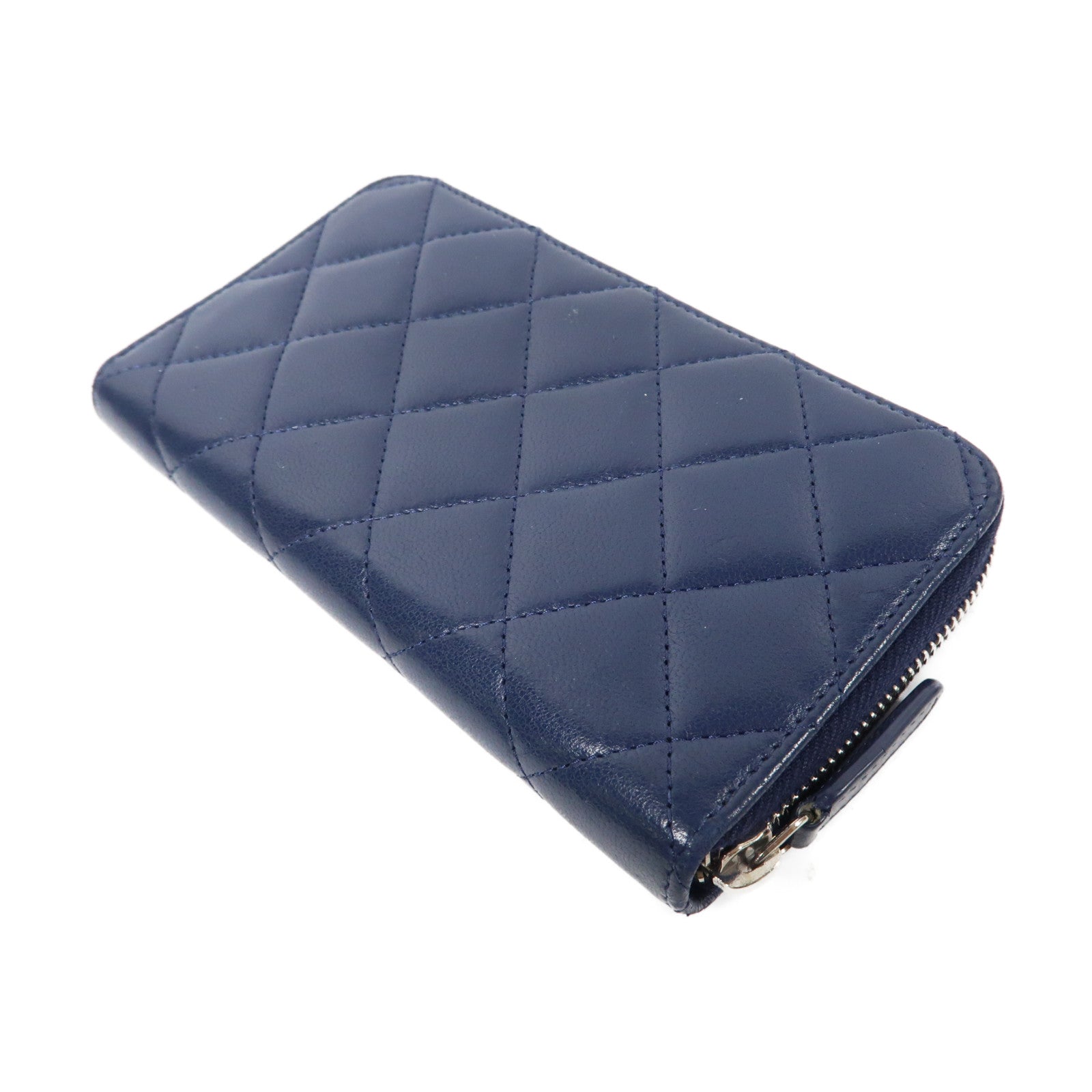 CHANEL 菱格羊皮皮革Zipper Long Wallet銀扣拉鍊長錢包深藍色