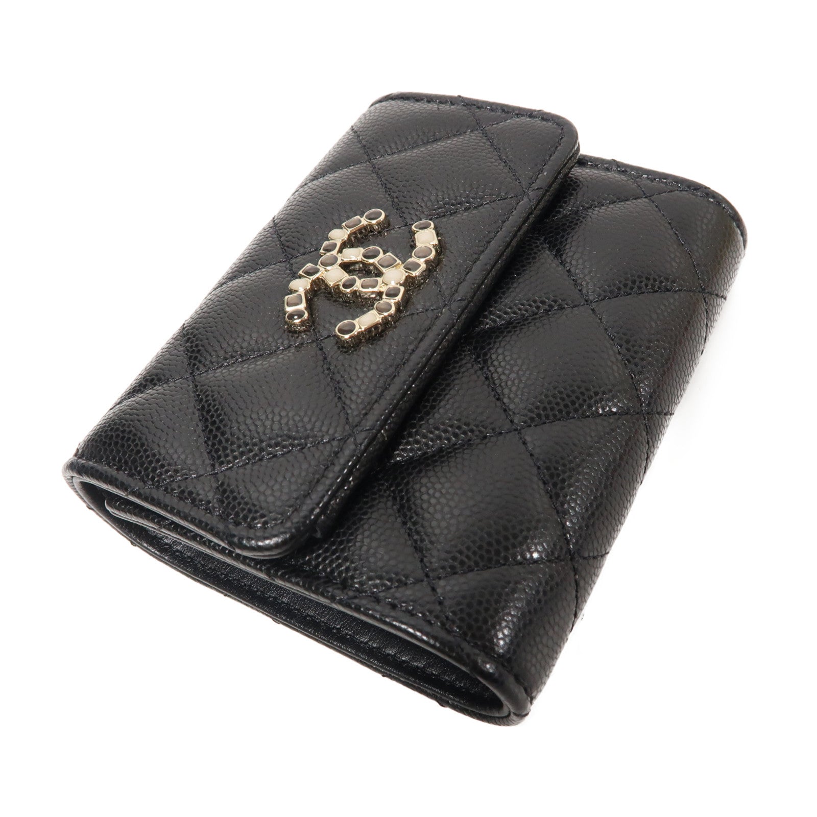 CHANEL 菱格Caviar皮革Small Flap Wallet金扣折疊錢包黑色