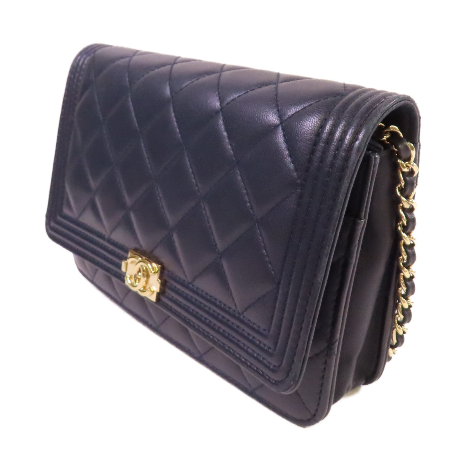 CHANEL 菱格羊皮皮革WOC Wallet On Chain Shoulder Bag金扣鏈帶肩背袋寶藍色