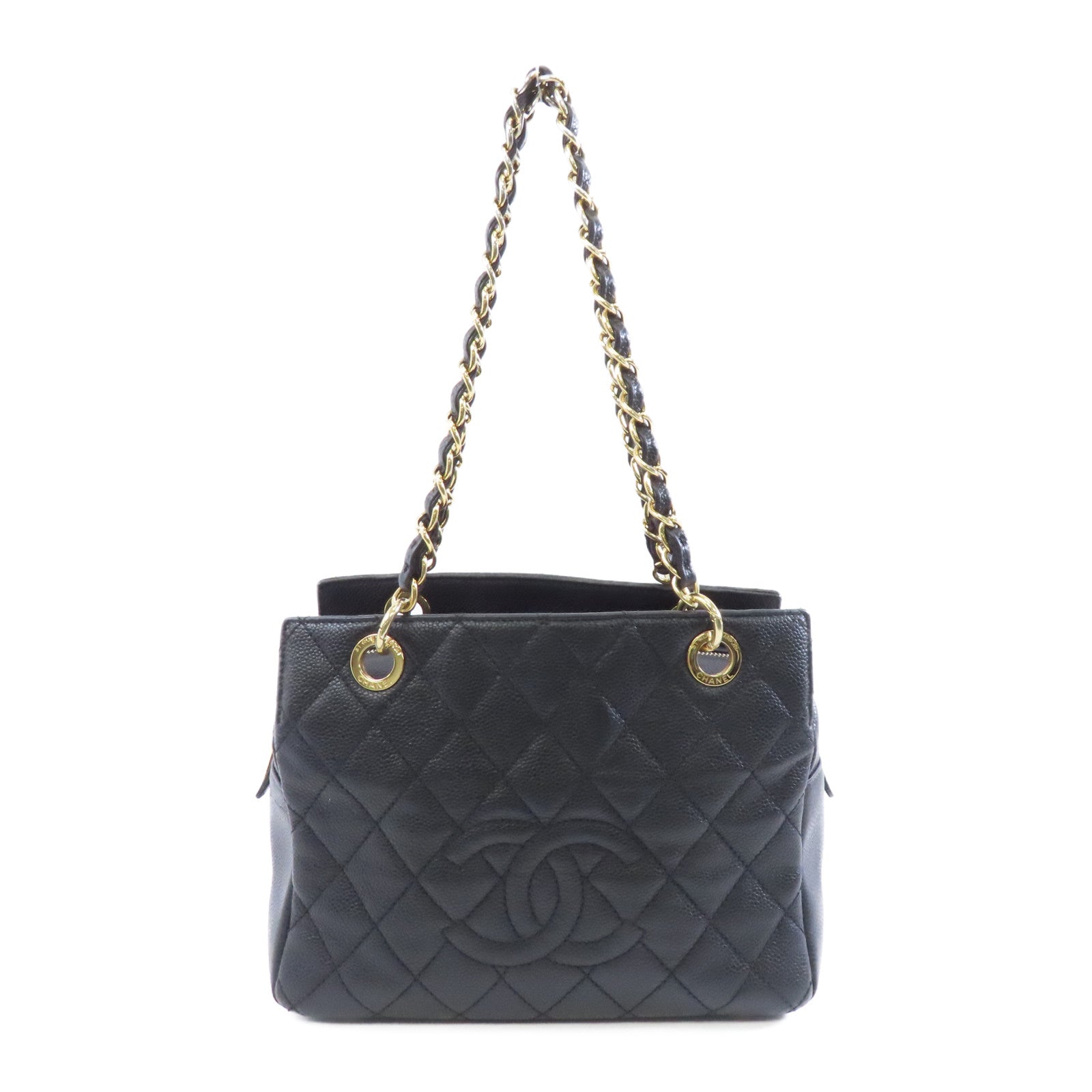 CHANEL 菱格Caviar皮革Chain Shoulder金扣鏈帶肩背袋黑色