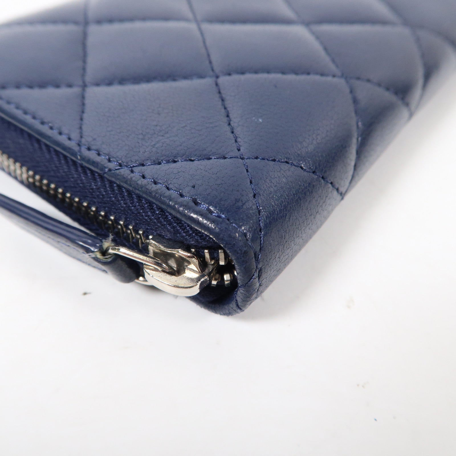 CHANEL 菱格羊皮皮革Zipper Long Wallet銀扣拉鍊長錢包深藍色