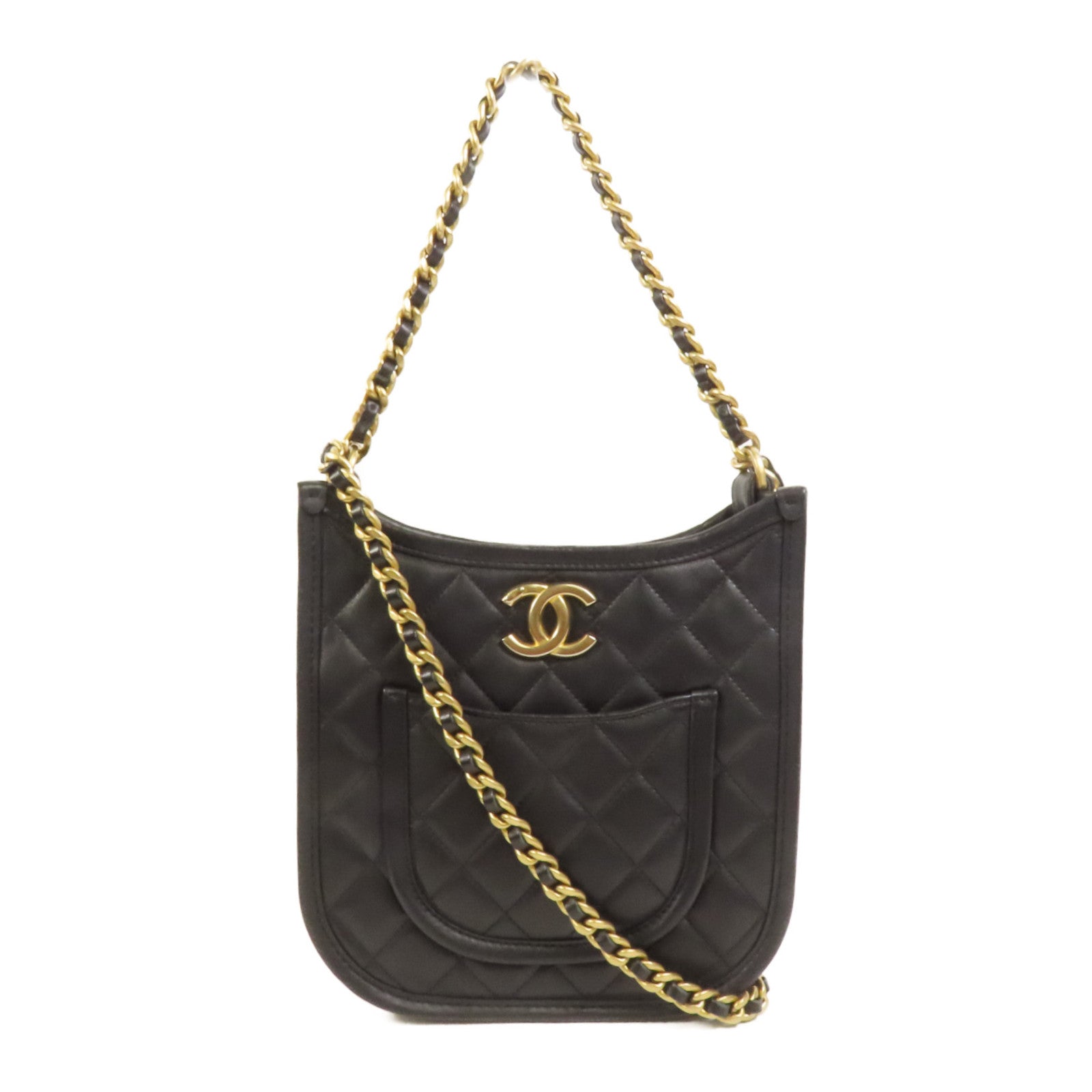 CHANEL 牛皮皮革24S Hobo金扣鏈帶手挽肩背兩用袋