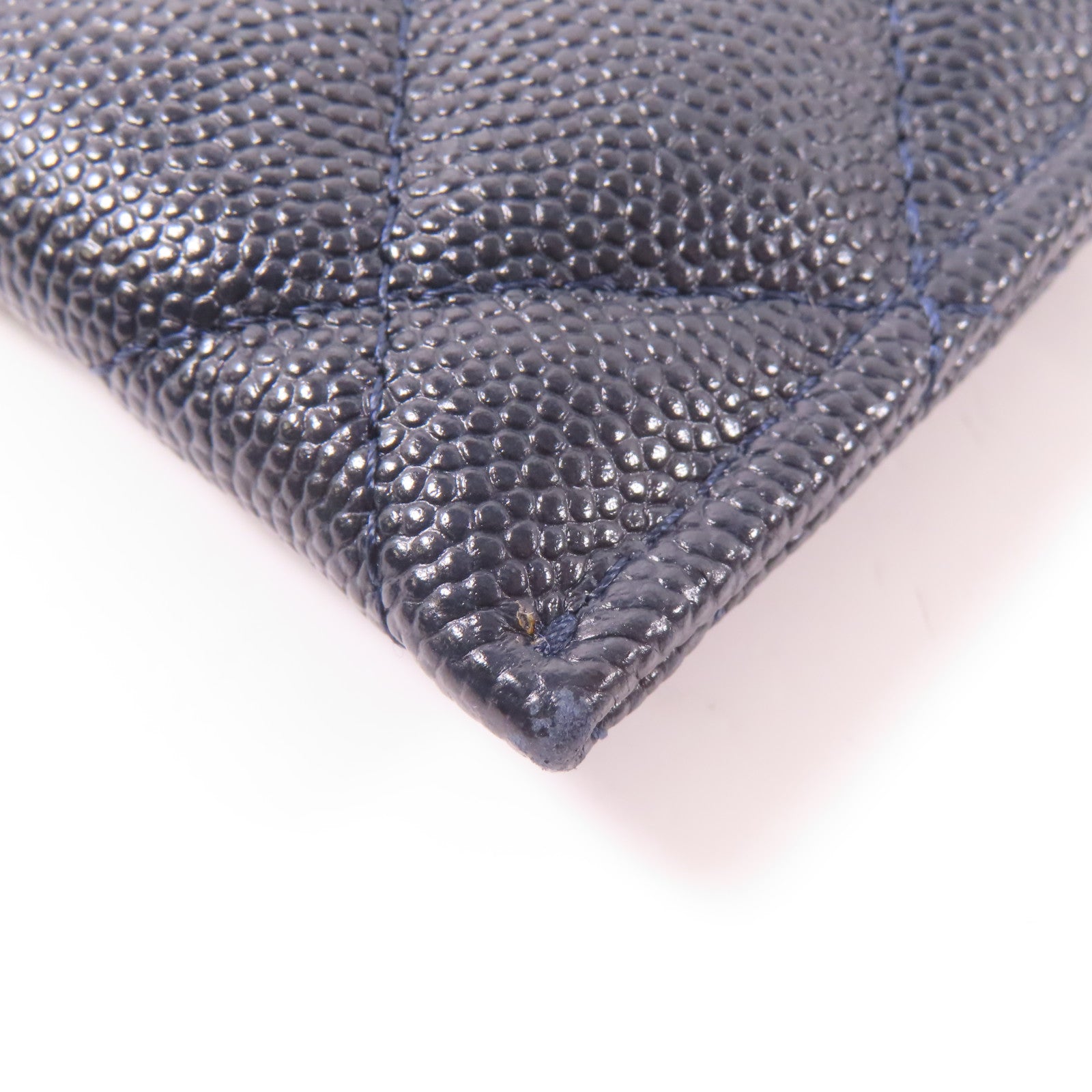 CHANEL 菱格Caviar皮革Zipper Long Wallet銀扣長錢包深藍色
