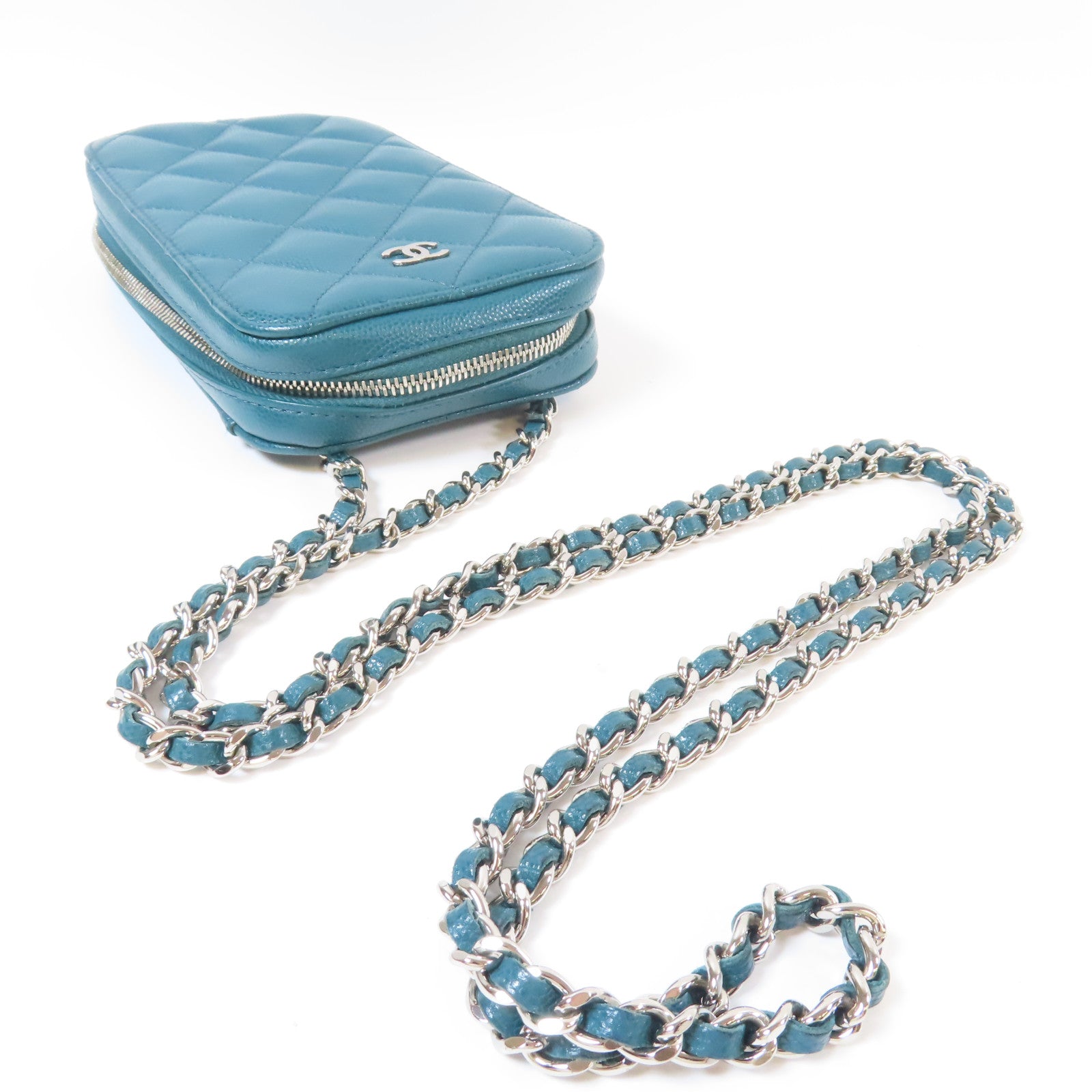 CHANEL 【激減優惠】菱格Caviar皮革Chain Phone Holder Bag銀扣鏈帶肩背袋綠色