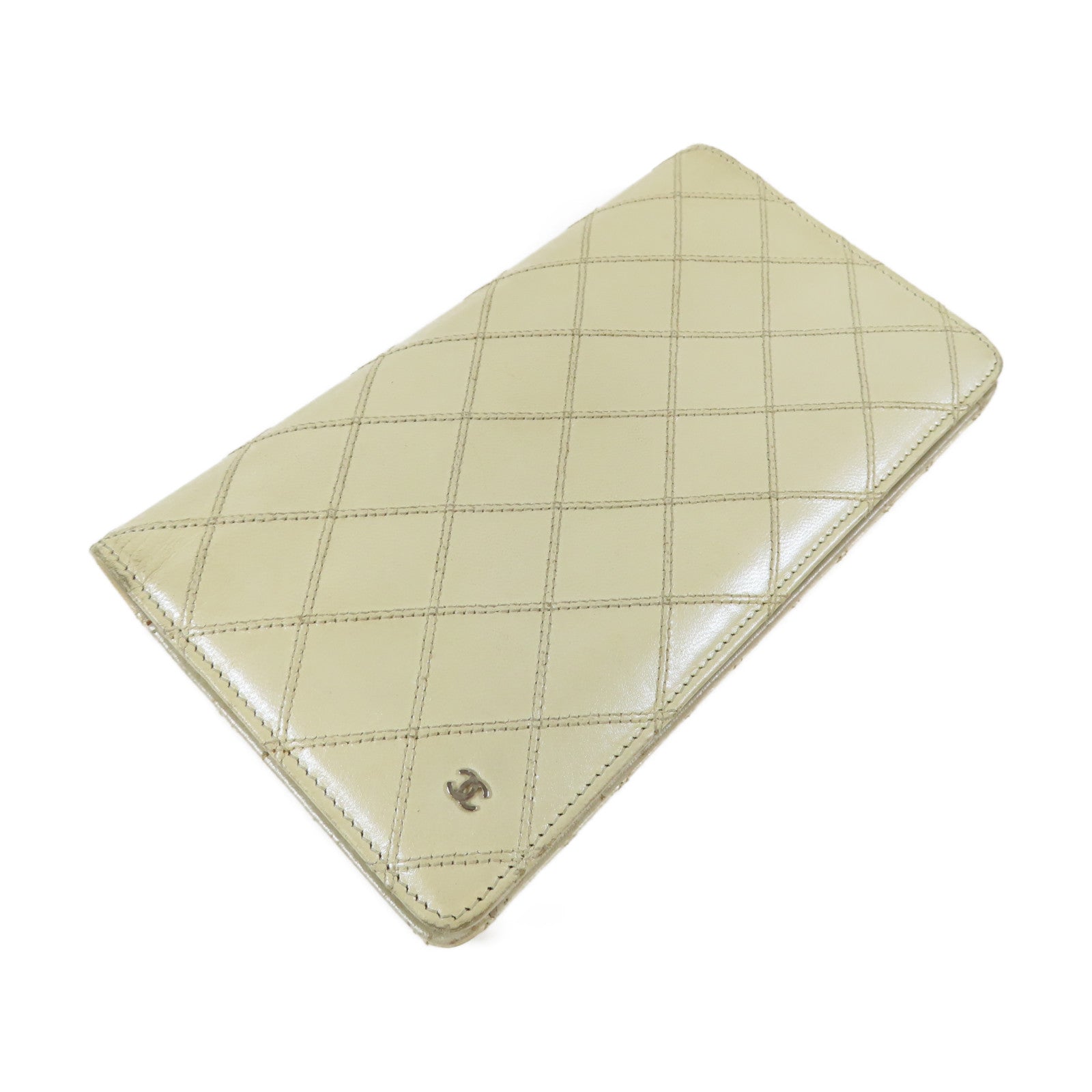 CHANEL 【激減優惠】菱格牛皮皮革Long Wallet銀扣長錢包米色