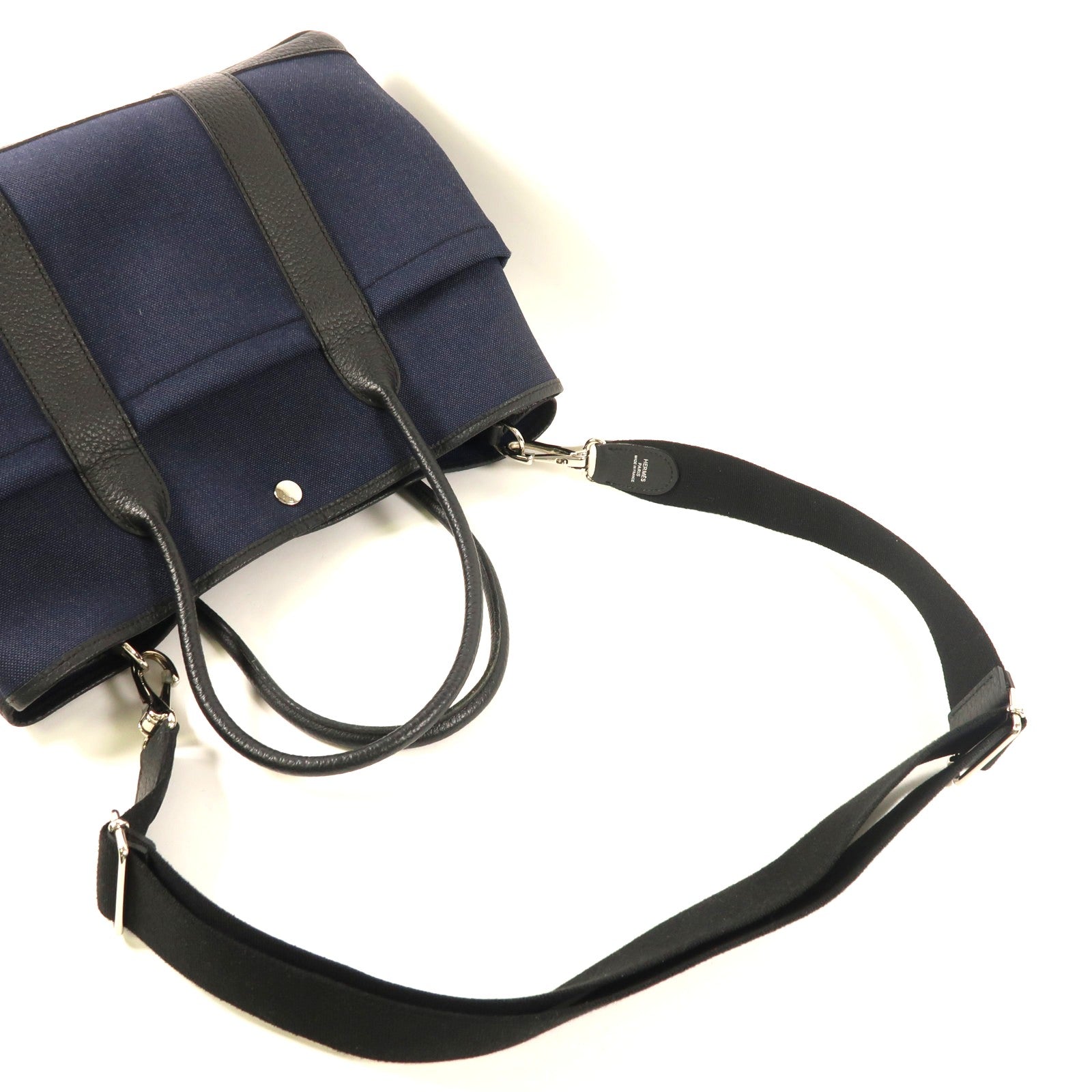 HERMES 帆布Garden Party Pocket PM銀扣手挽肩背兩用袋Bleu Nuit