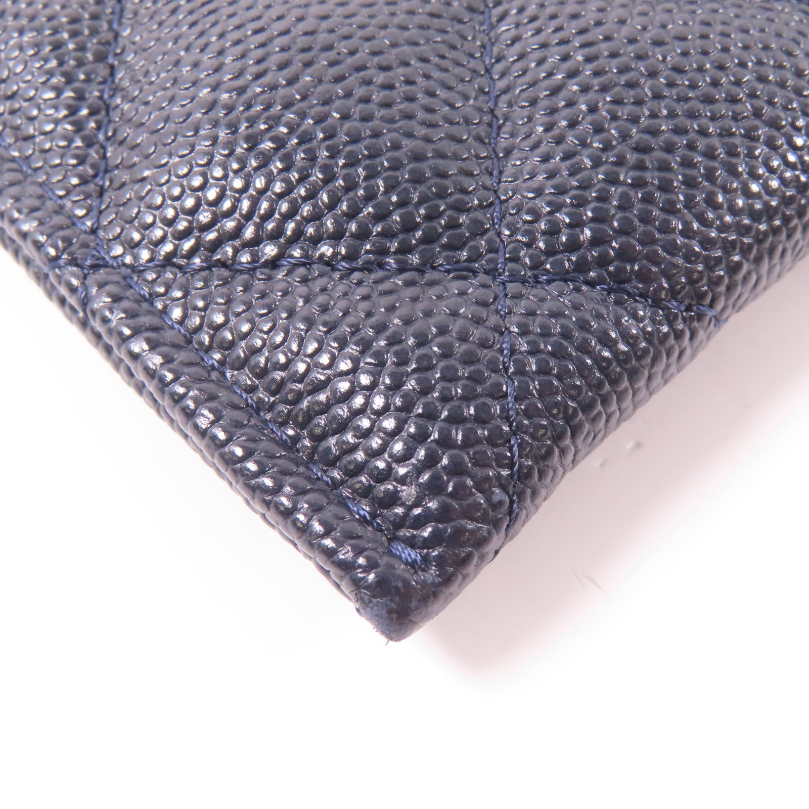 CHANEL 菱格Caviar皮革Zipper Long Wallet銀扣長錢包深藍色
