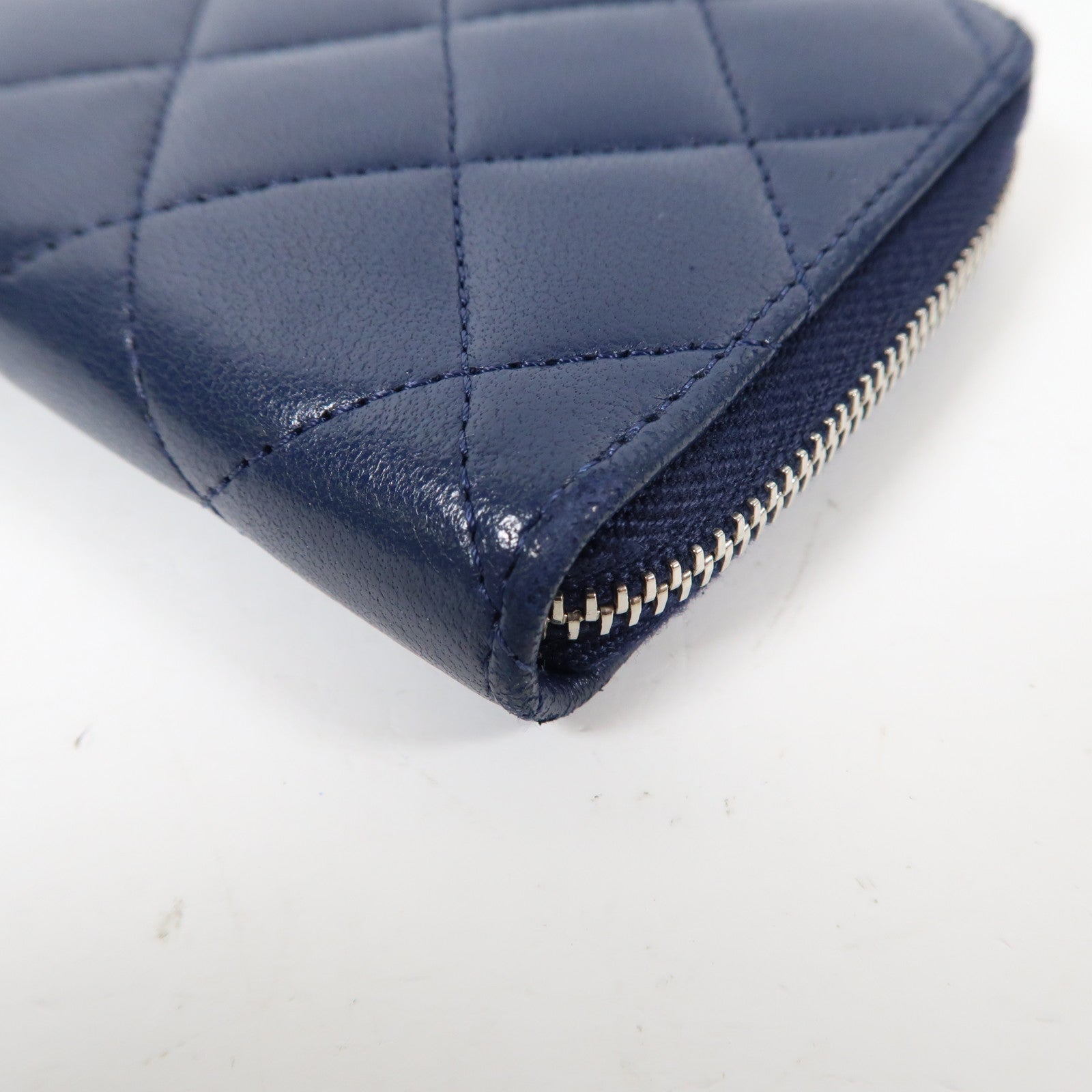 CHANEL 菱格羊皮皮革Zipper Long Wallet銀扣拉鍊長錢包深藍色
