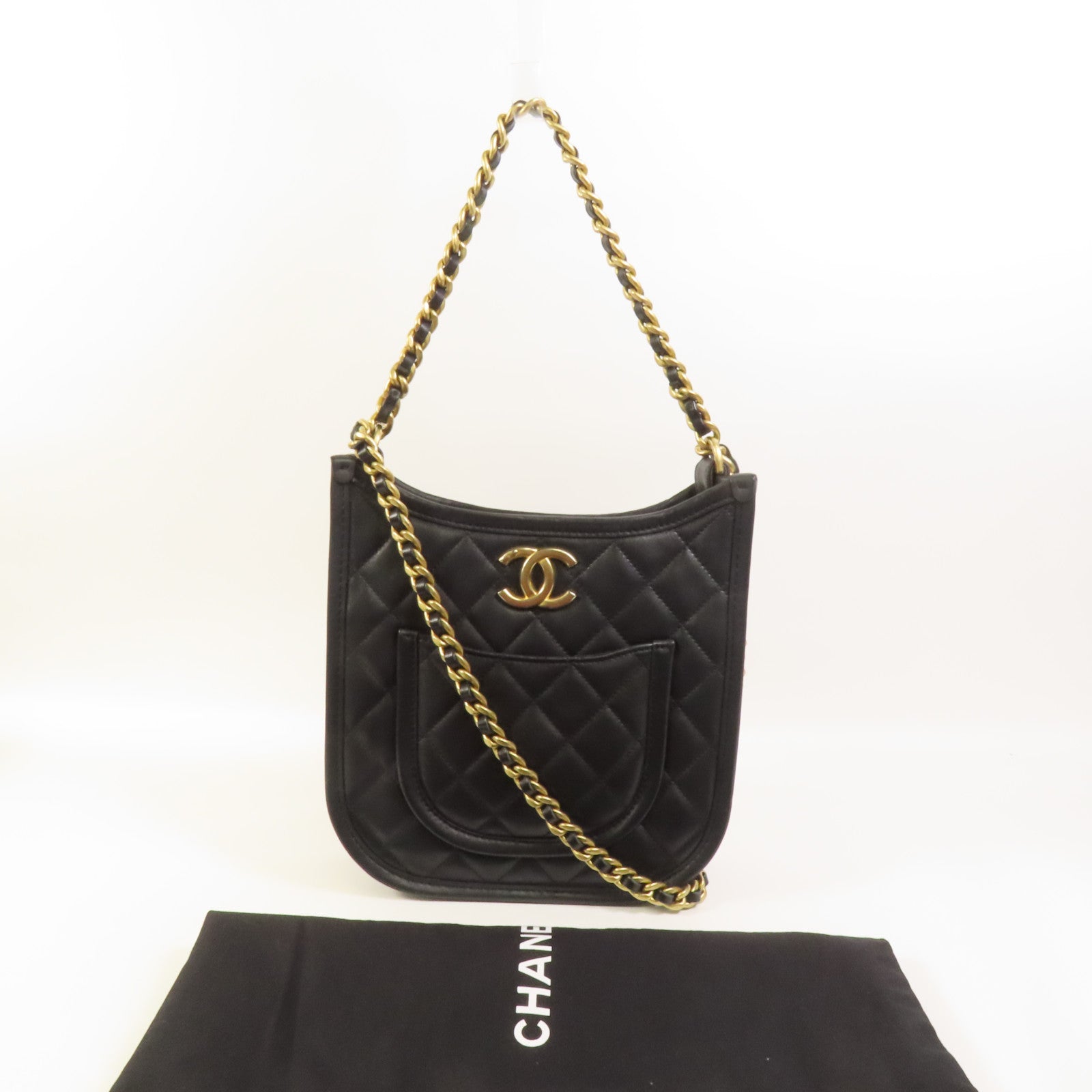 CHANEL 牛皮皮革24S Hobo金扣鏈帶手挽肩背兩用袋