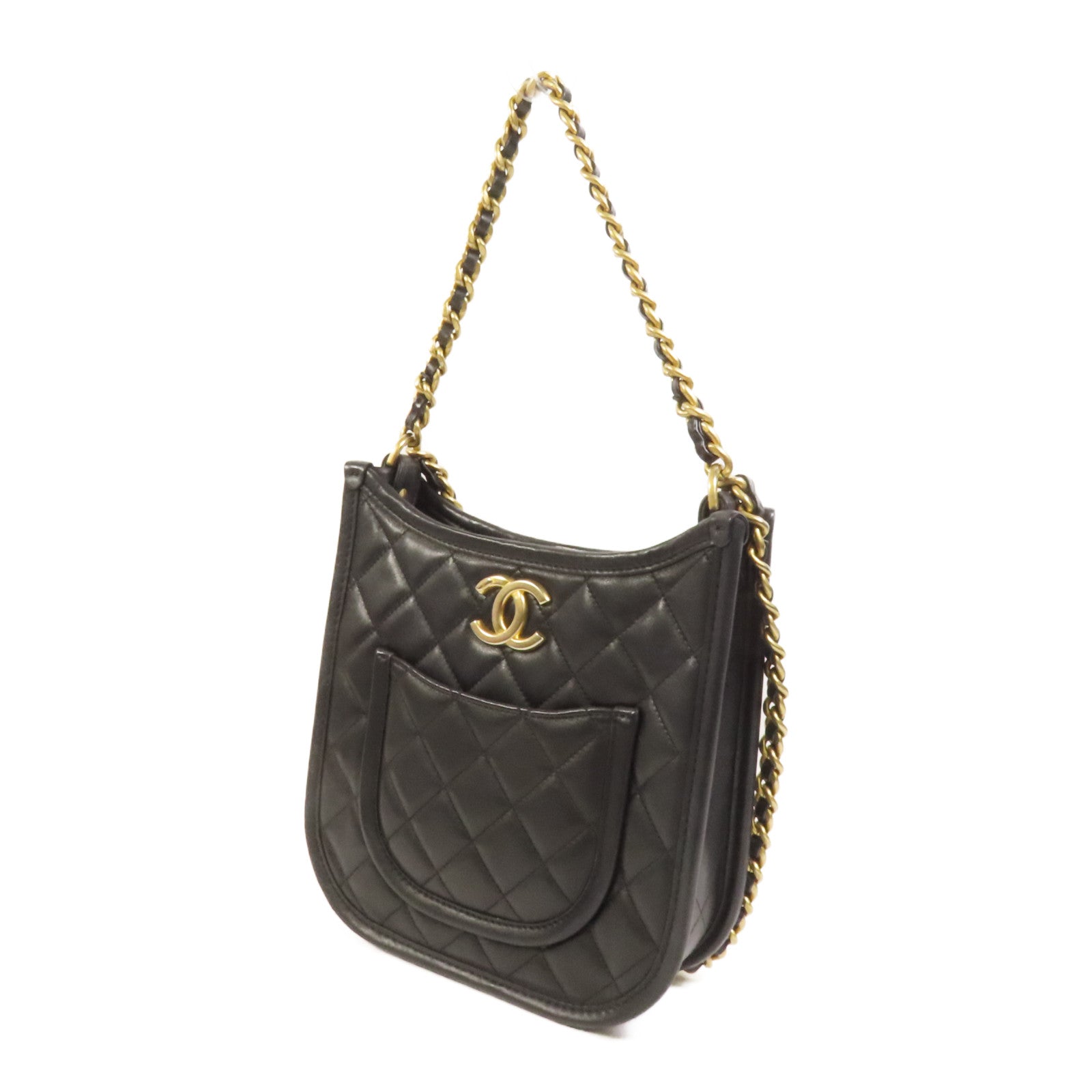 CHANEL 牛皮皮革24S Hobo金扣鏈帶手挽肩背兩用袋