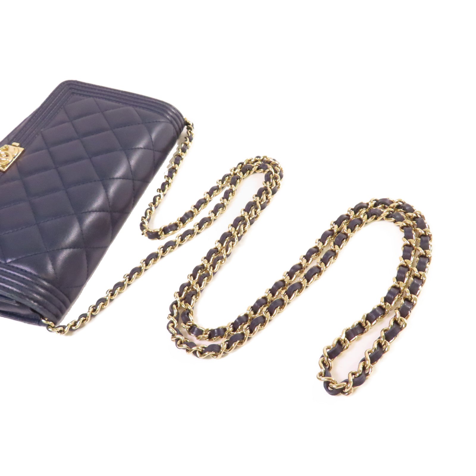 CHANEL 菱格羊皮皮革WOC Wallet On Chain Shoulder Bag金扣鏈帶肩背袋寶藍色