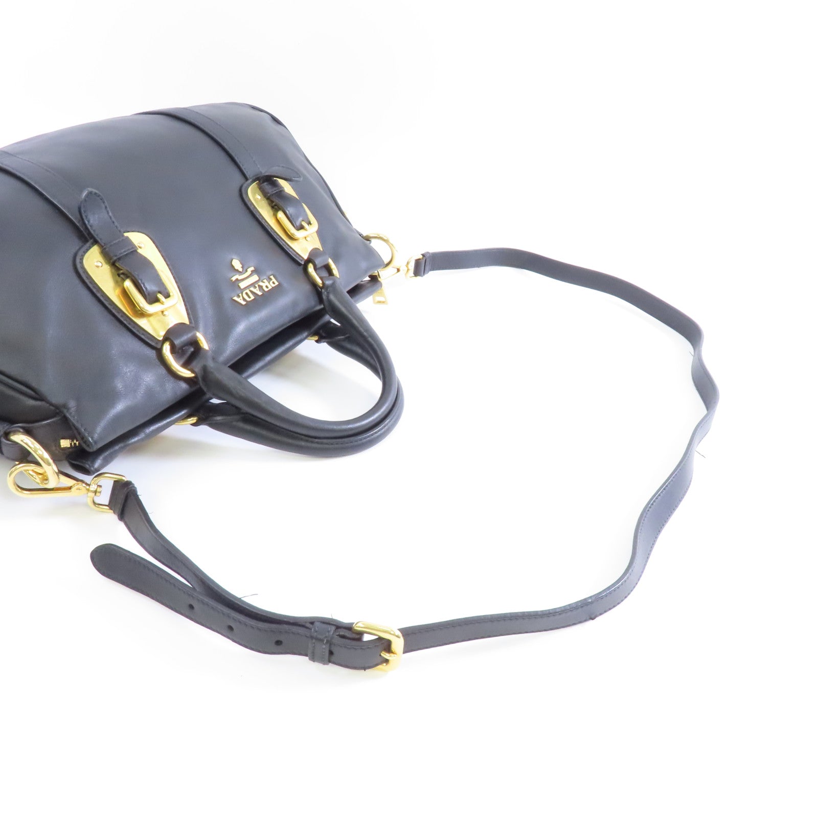 PRADA 牛皮皮革Shoulder Bag金扣手挽肩背兩用袋黑色