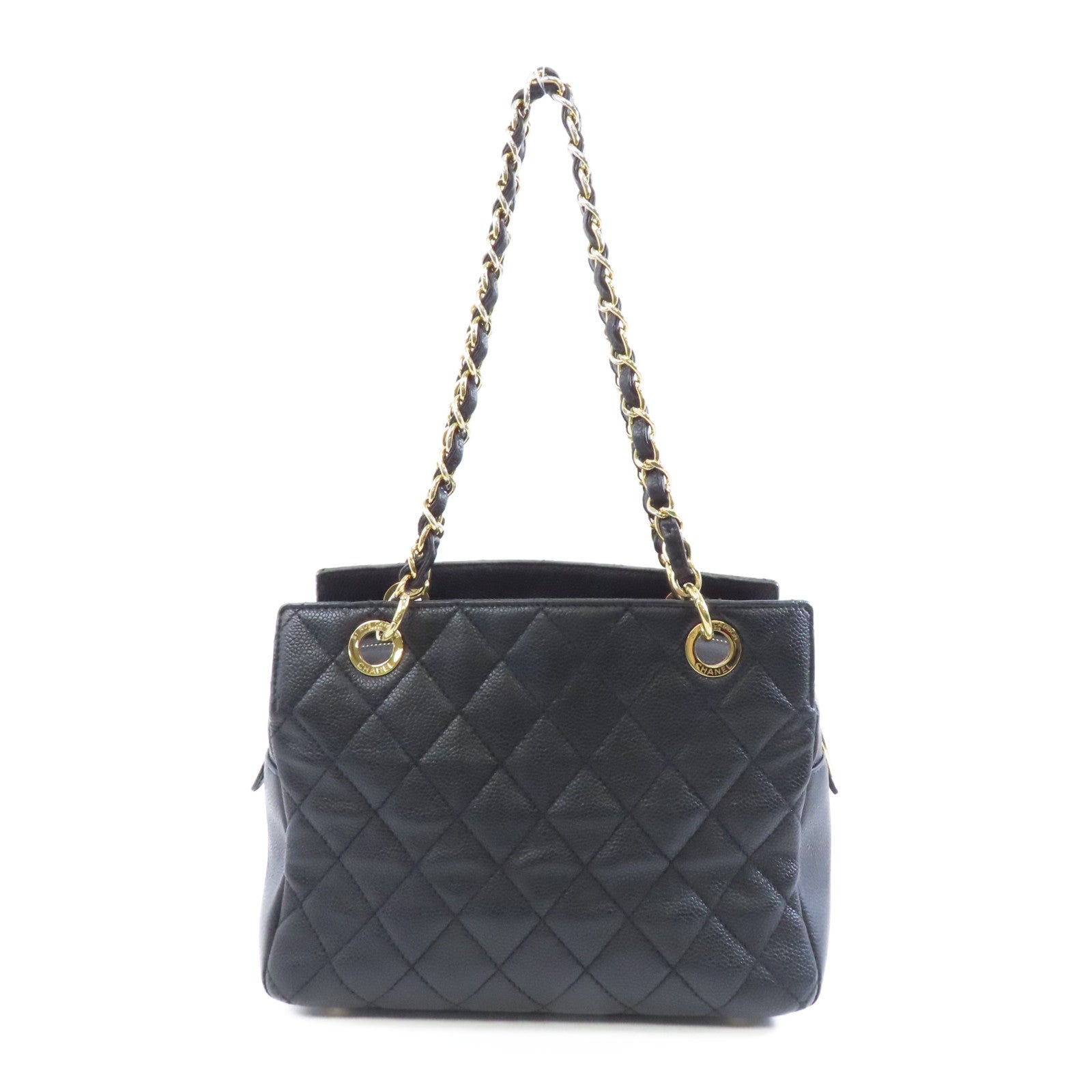 CHANEL 菱格Caviar皮革Chain Shoulder金扣鏈帶肩背袋黑色