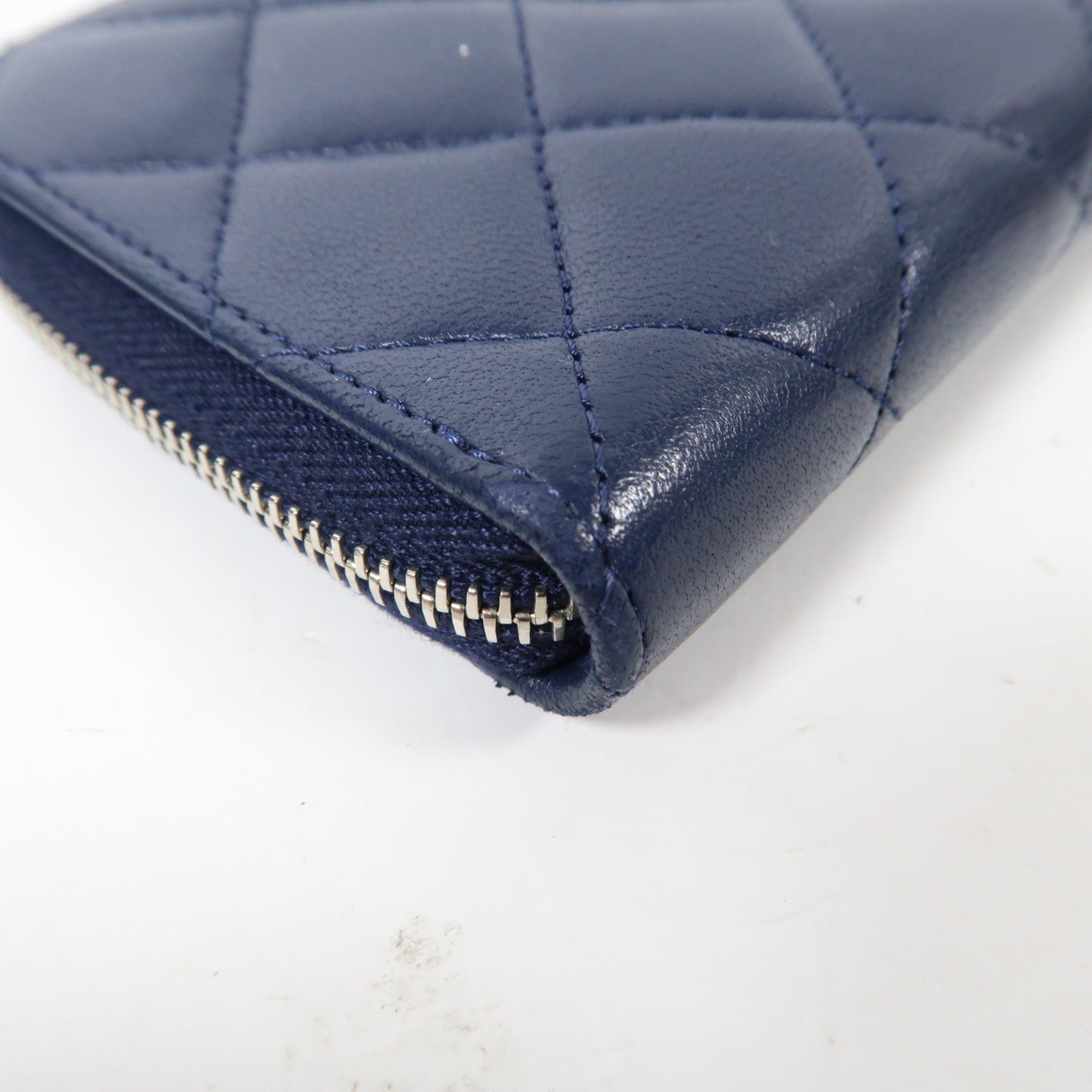 CHANEL 菱格羊皮皮革Zipper Long Wallet銀扣拉鍊長錢包深藍色