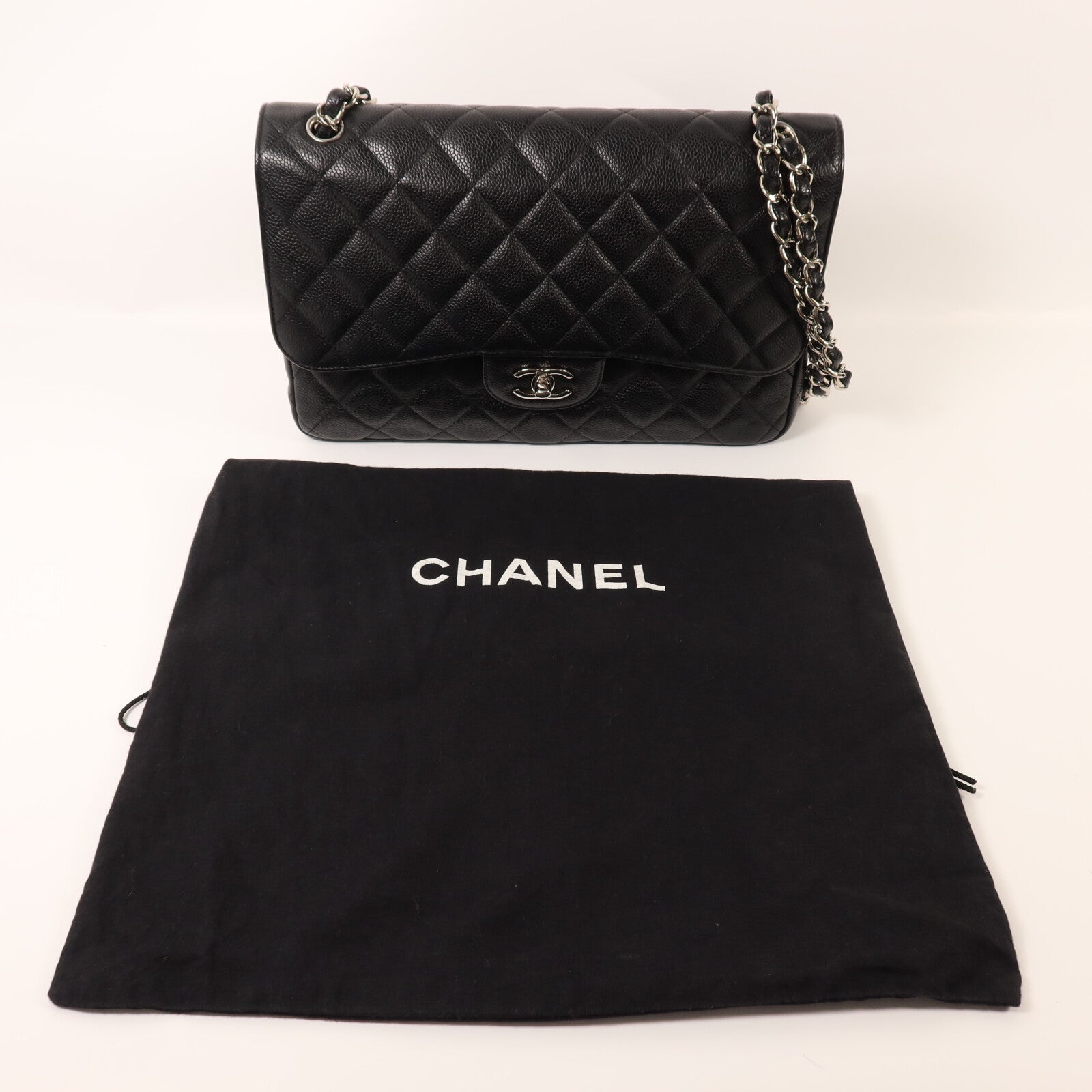 CHANEL 牛皮皮革Large Classic銀扣鏈帶肩背袋