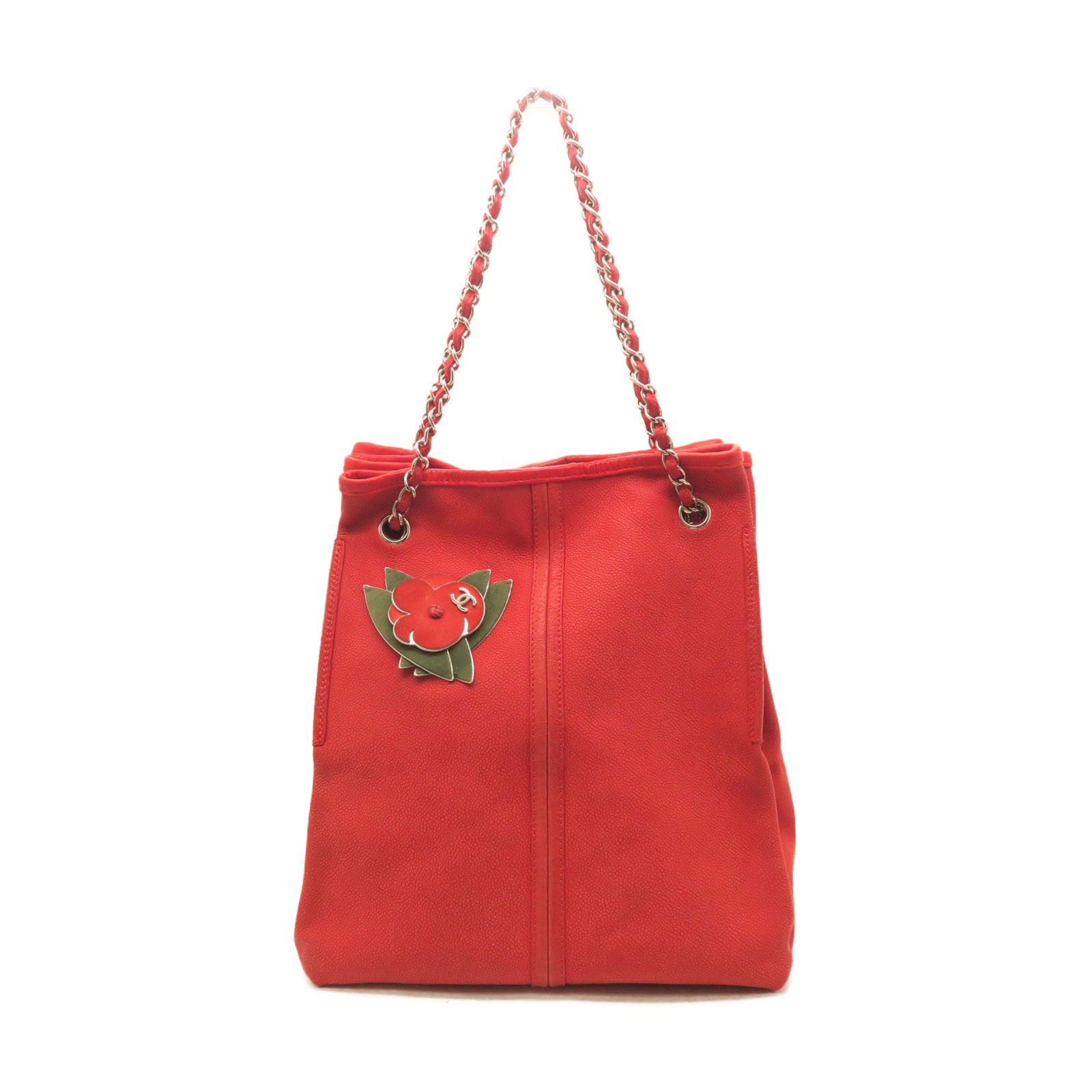 CHANEL Caviar Leather Shoulder Bag Silver Buckle Shoulder Bag Red
