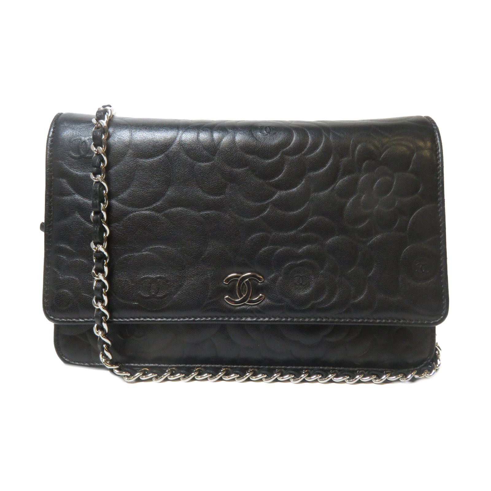 CHANEL 【激減優惠】羊皮皮革Camellia Wallet On Chain銀扣鏈帶肩背袋黑色