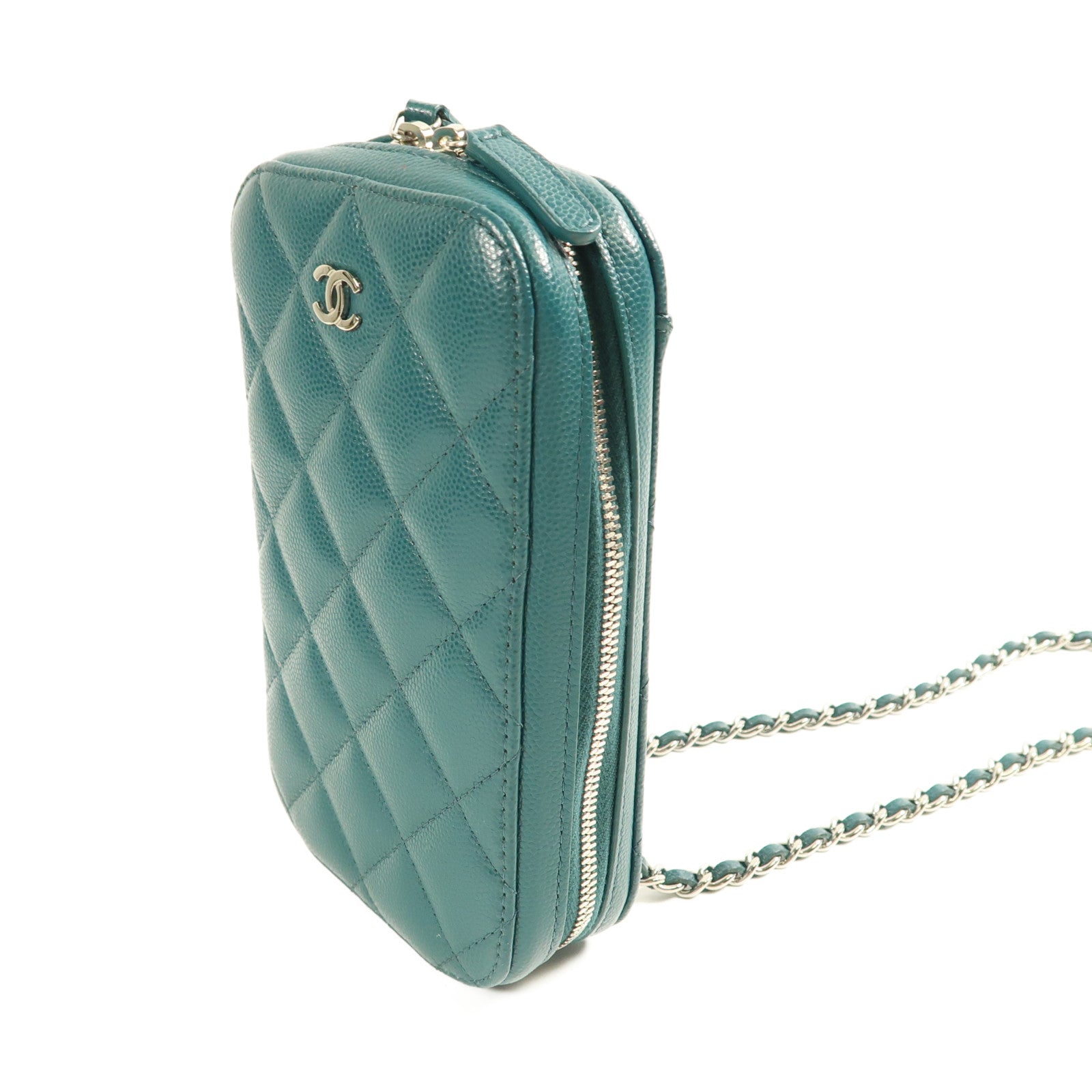 CHANEL 牛皮皮革Phone Bag銀扣鏈帶肩背袋