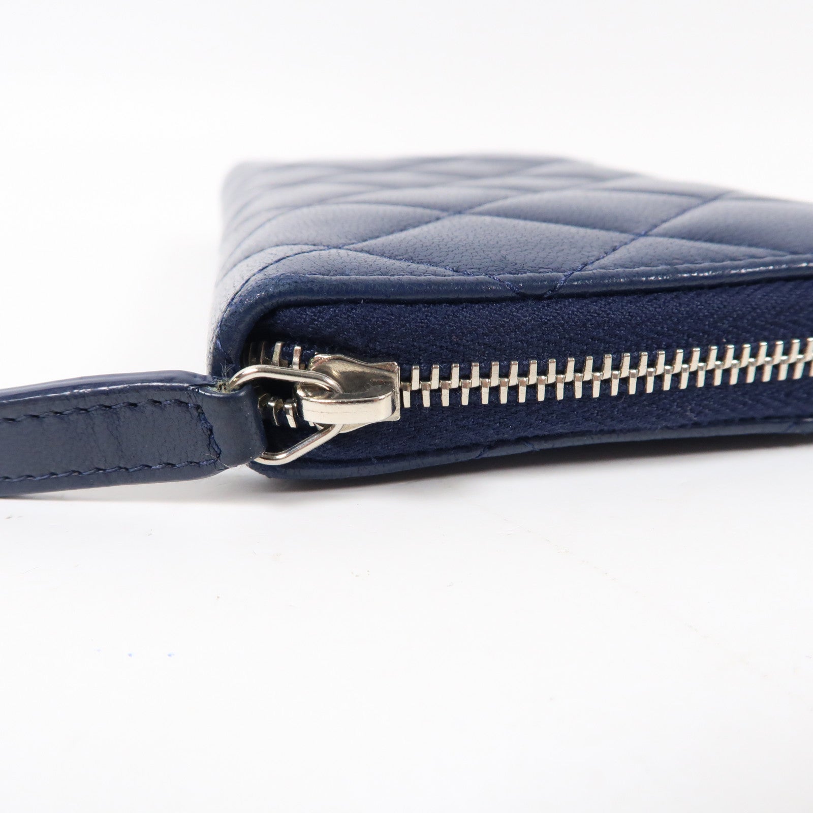 CHANEL 菱格羊皮皮革Zipper Long Wallet銀扣拉鍊長錢包深藍色