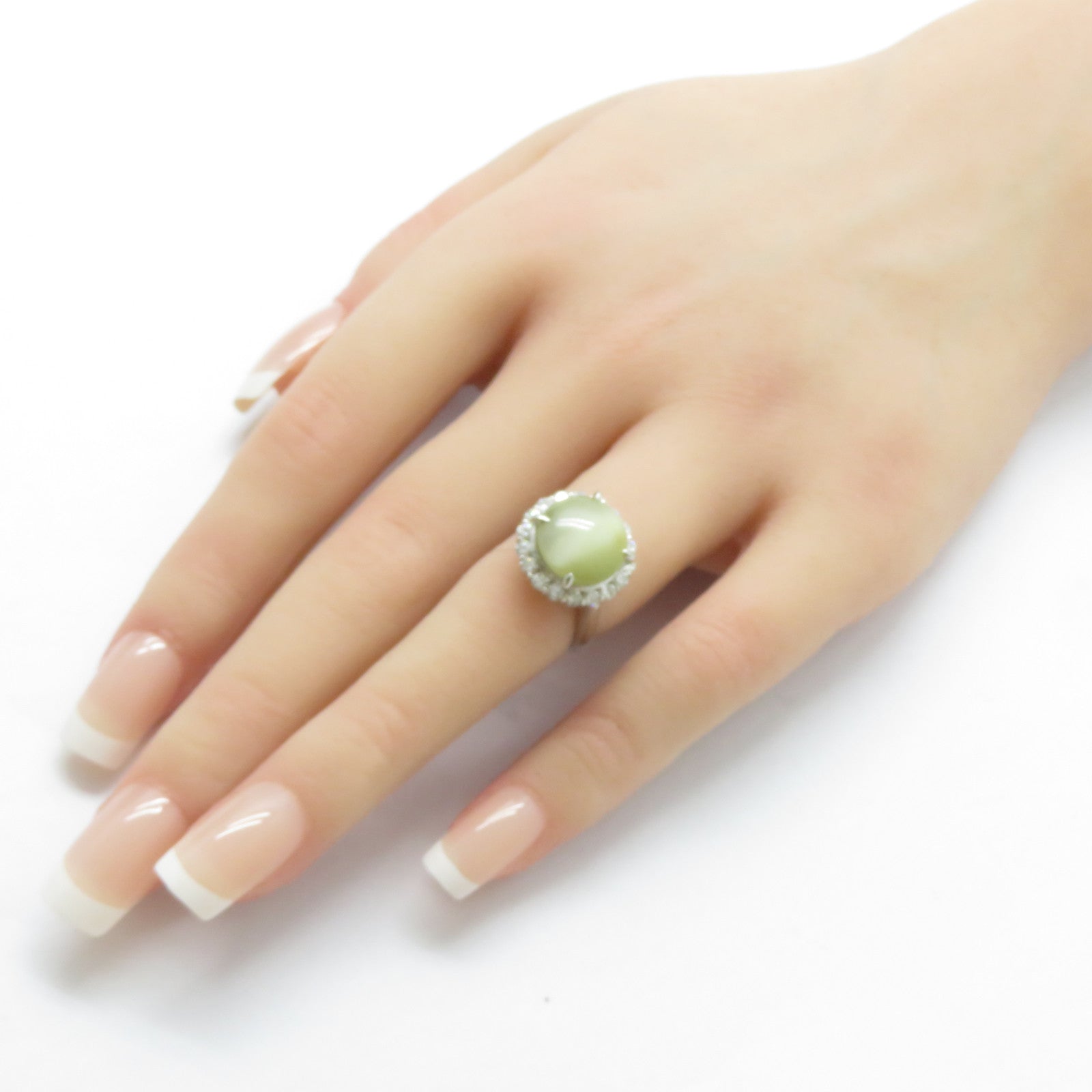 JEWELRY PT900鉑金Cat's Eye Ring 6.22ct貓眼石/0.735ct鑽石戒指US#4
