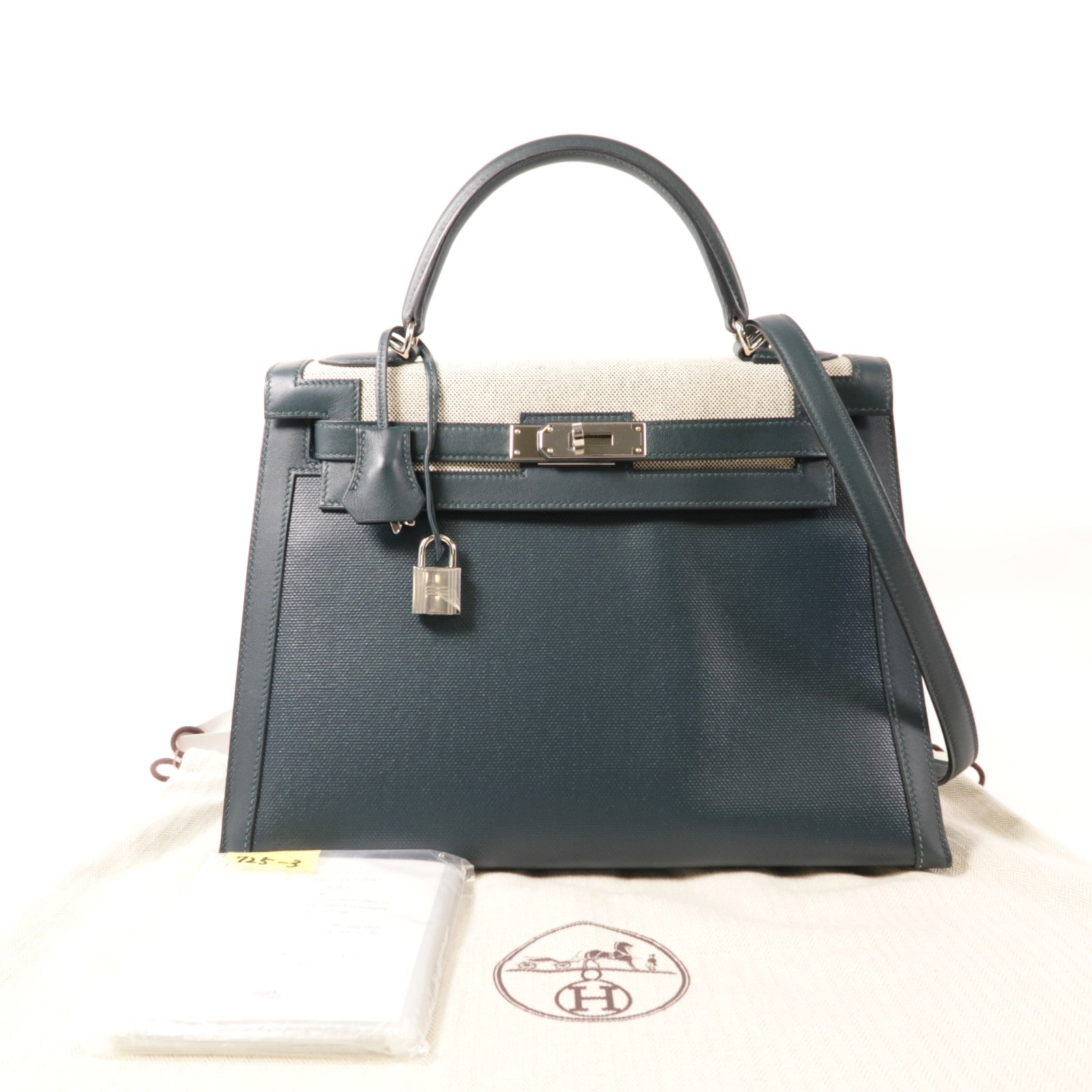HERMES Swift皮革/Toile Berline Kelly 32銀扣手挽肩背兩用袋Vert Cypres綠色