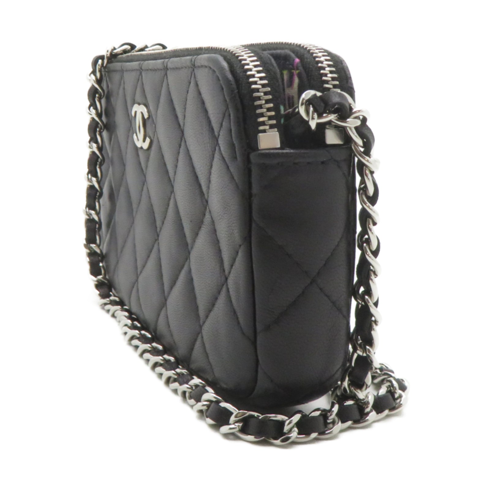 CHANEL 【激減優惠】菱格羊皮皮革Chain Shoulder銀扣鏈帶肩背袋黑色