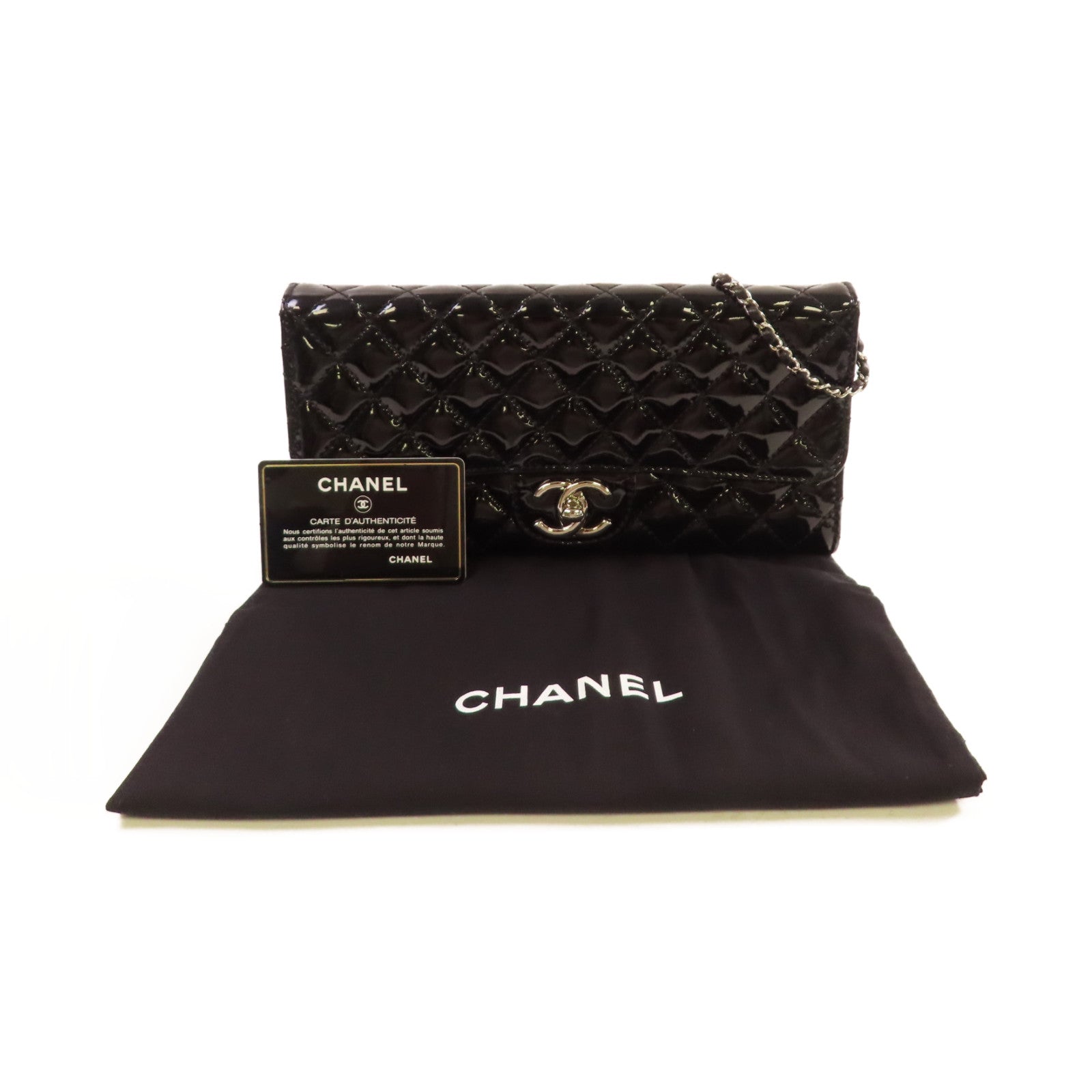CHANEL 菱格漆皮皮革WOC Wallet On Chain Shoulder Bag銀扣鏈帶肩背袋黑色