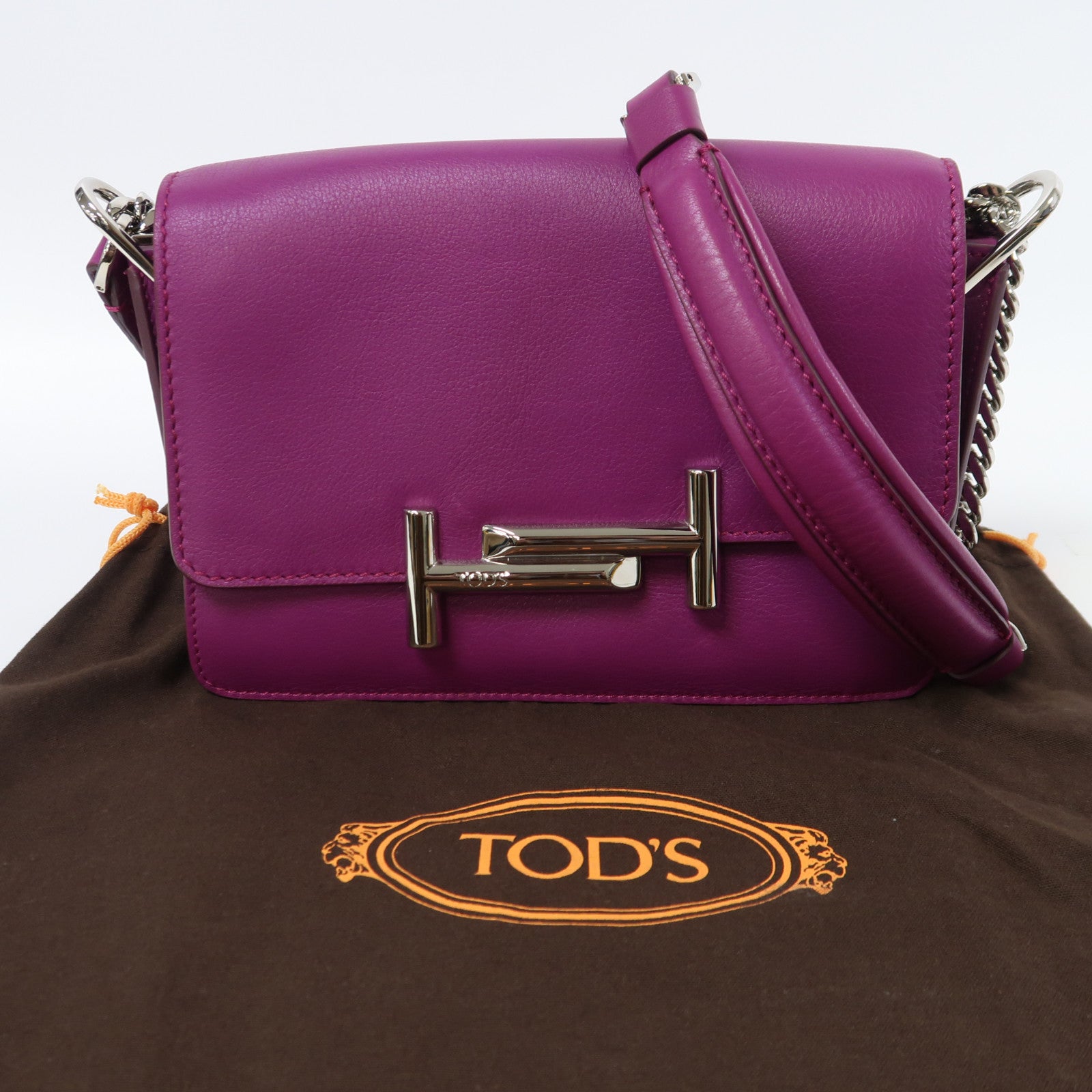 TOD'S 牛皮皮革Chain Shoulder銀扣鏈帶肩背袋紫色
