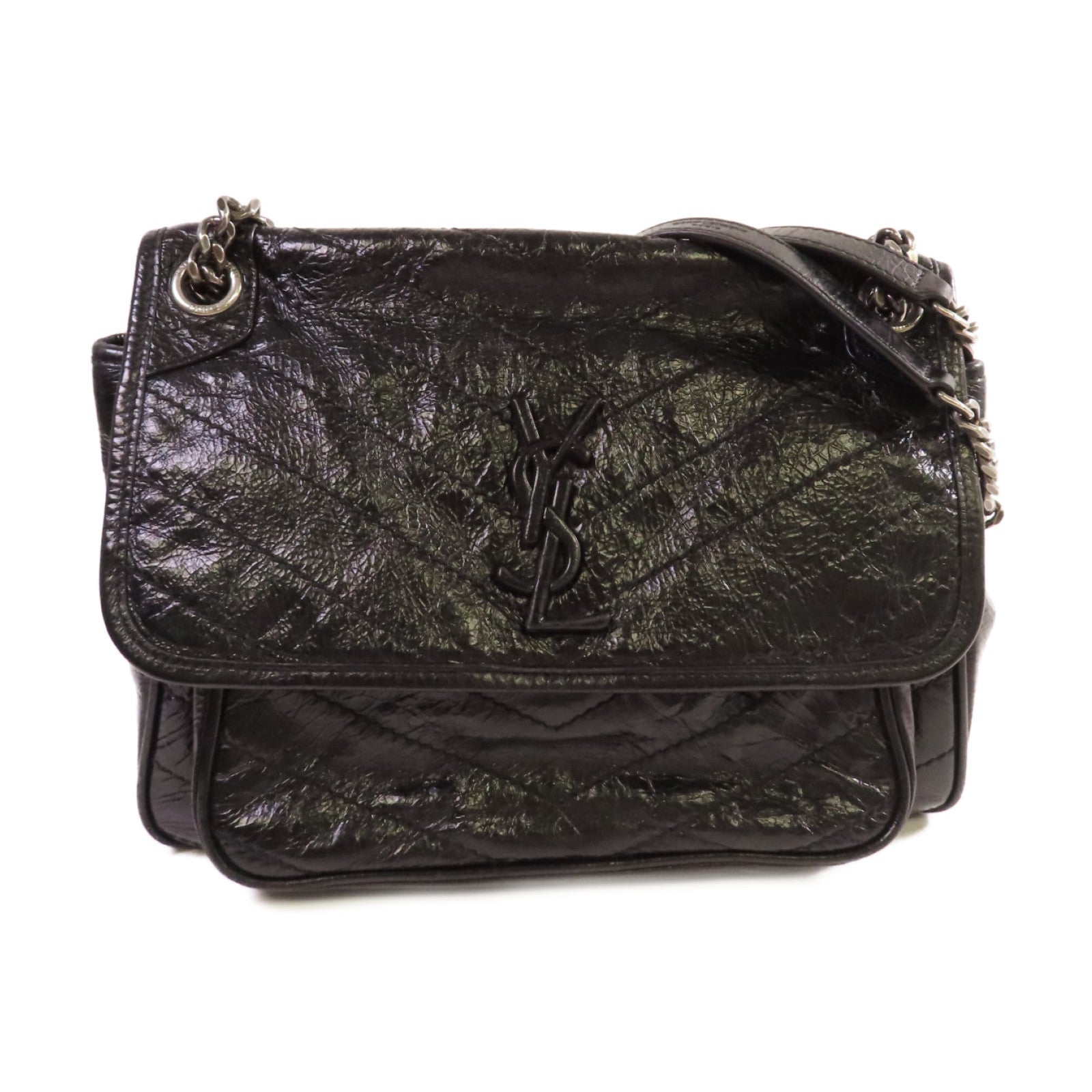 SAINT LAURENT 斜紋皮革Niki Medium Shoulder Bag銀扣鏈帶肩背袋黑色