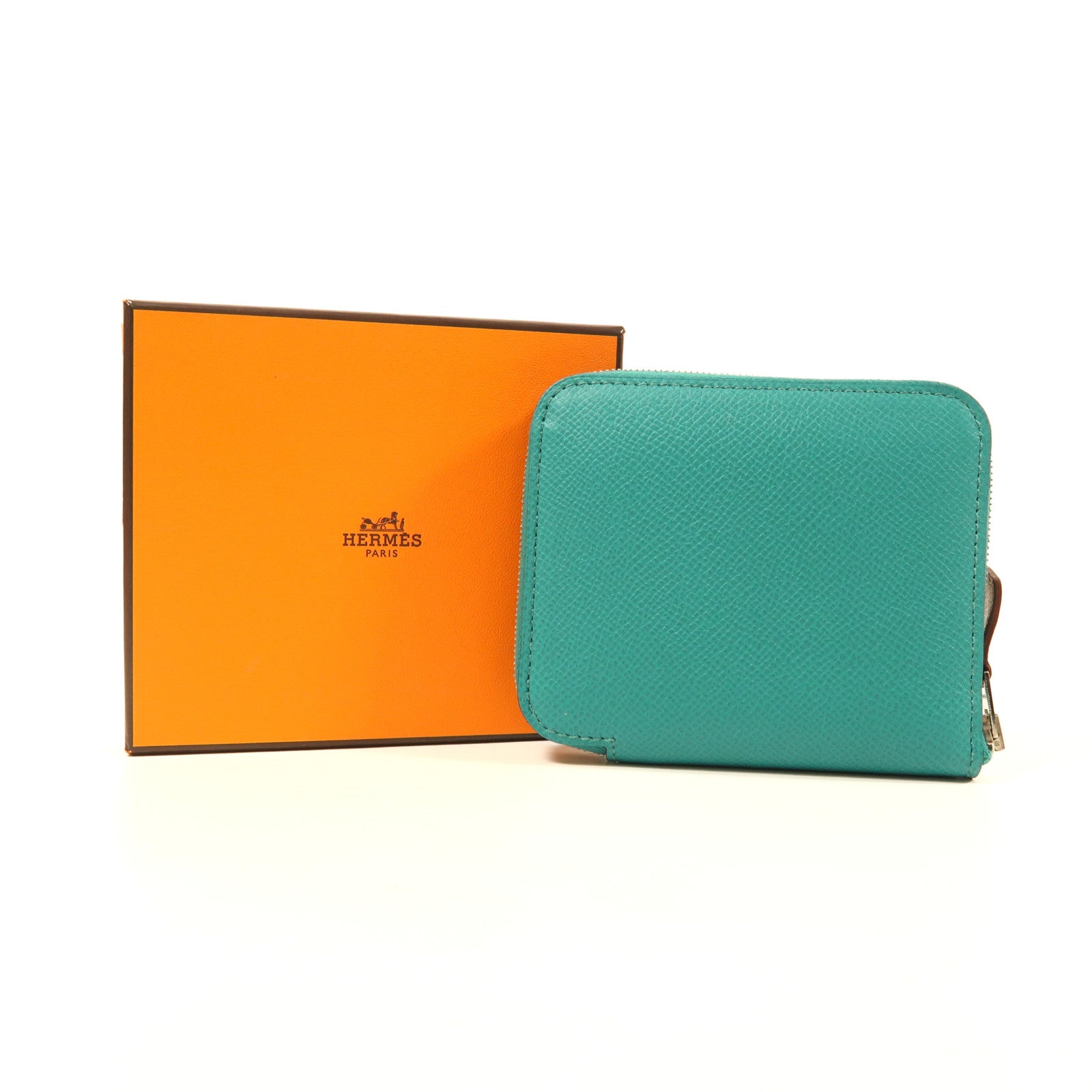 HERMES Epsom皮革Silk In Compact Wallet銀扣錢包Bleu Paon