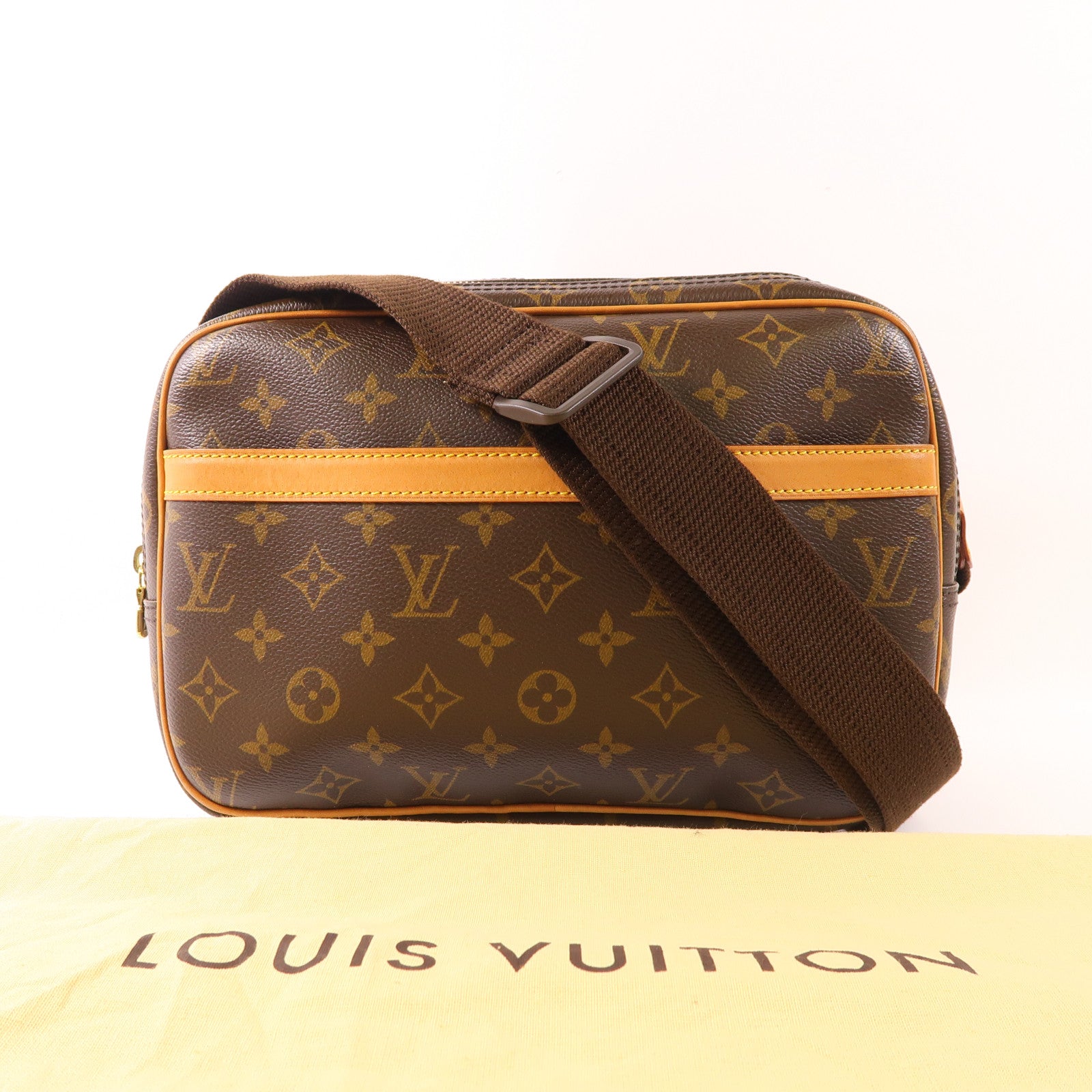 LOUIS VUITTON Monogram Reporter PM金扣肩背袋棕色