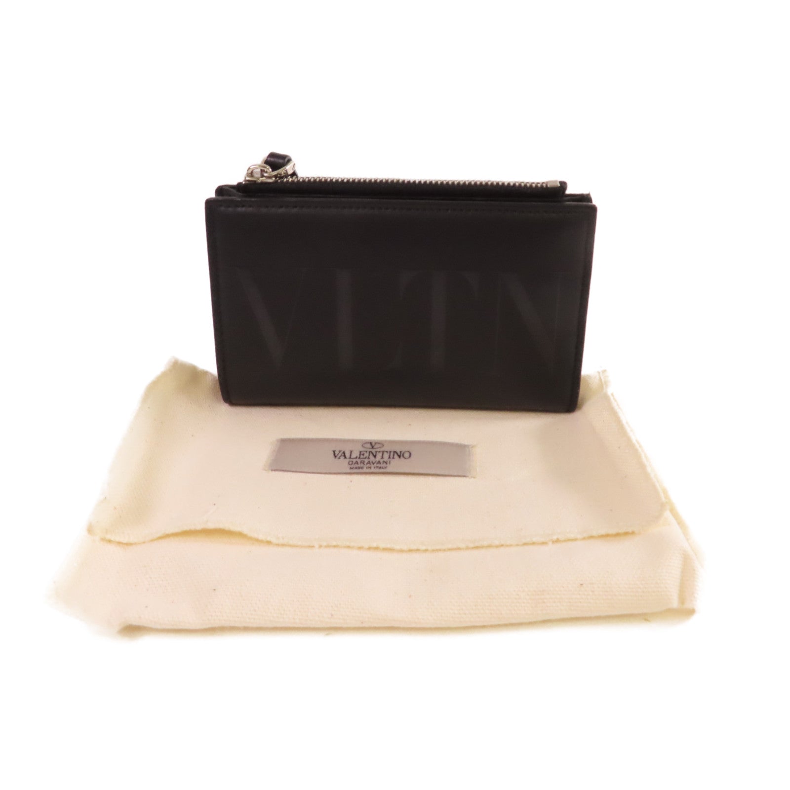 Valentino 牛皮皮革VLTN Small Wallet銀扣短錢包黑色