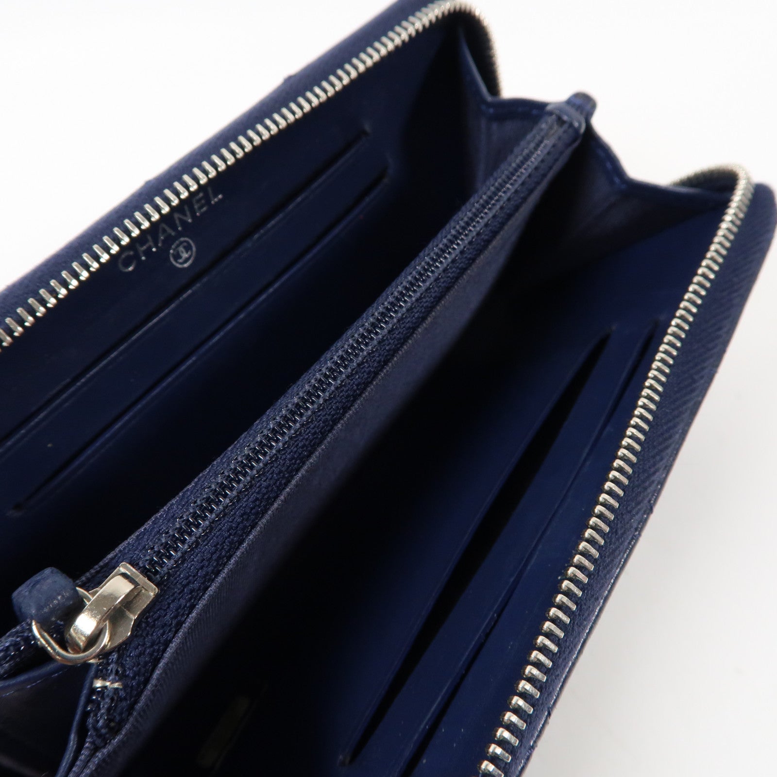 CHANEL 菱格羊皮皮革Zipper Long Wallet銀扣拉鍊長錢包深藍色