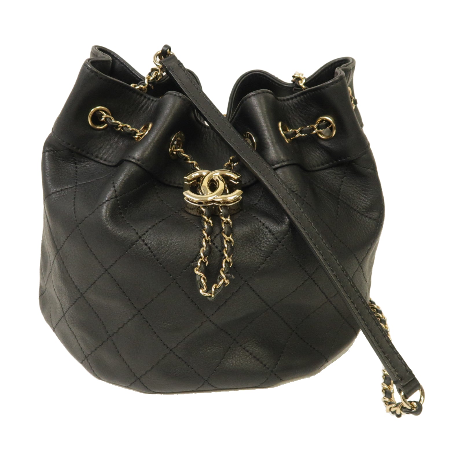CHANEL 【激減優惠】菱格牛皮皮革Bucket Bag金扣肩背袋黑色