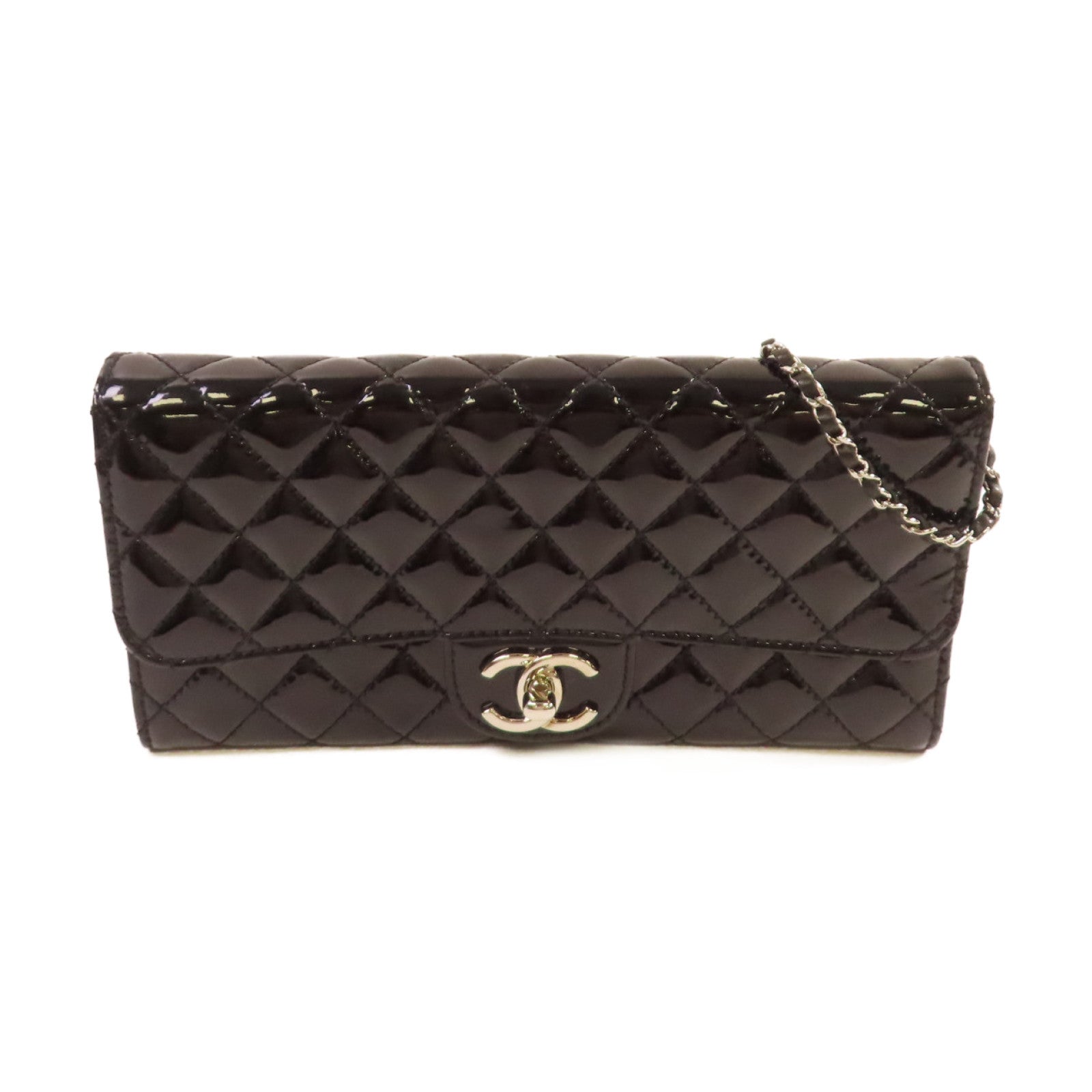 CHANEL 菱格漆皮皮革WOC Wallet On Chain Shoulder Bag銀扣鏈帶肩背袋黑色