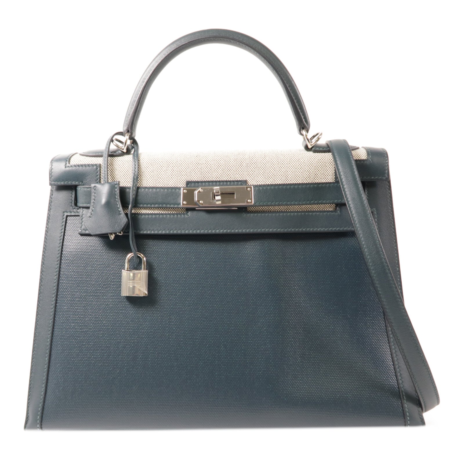 HERMES Swift皮革/Toile Berline Kelly 32銀扣手挽肩背兩用袋Vert Cypres綠色