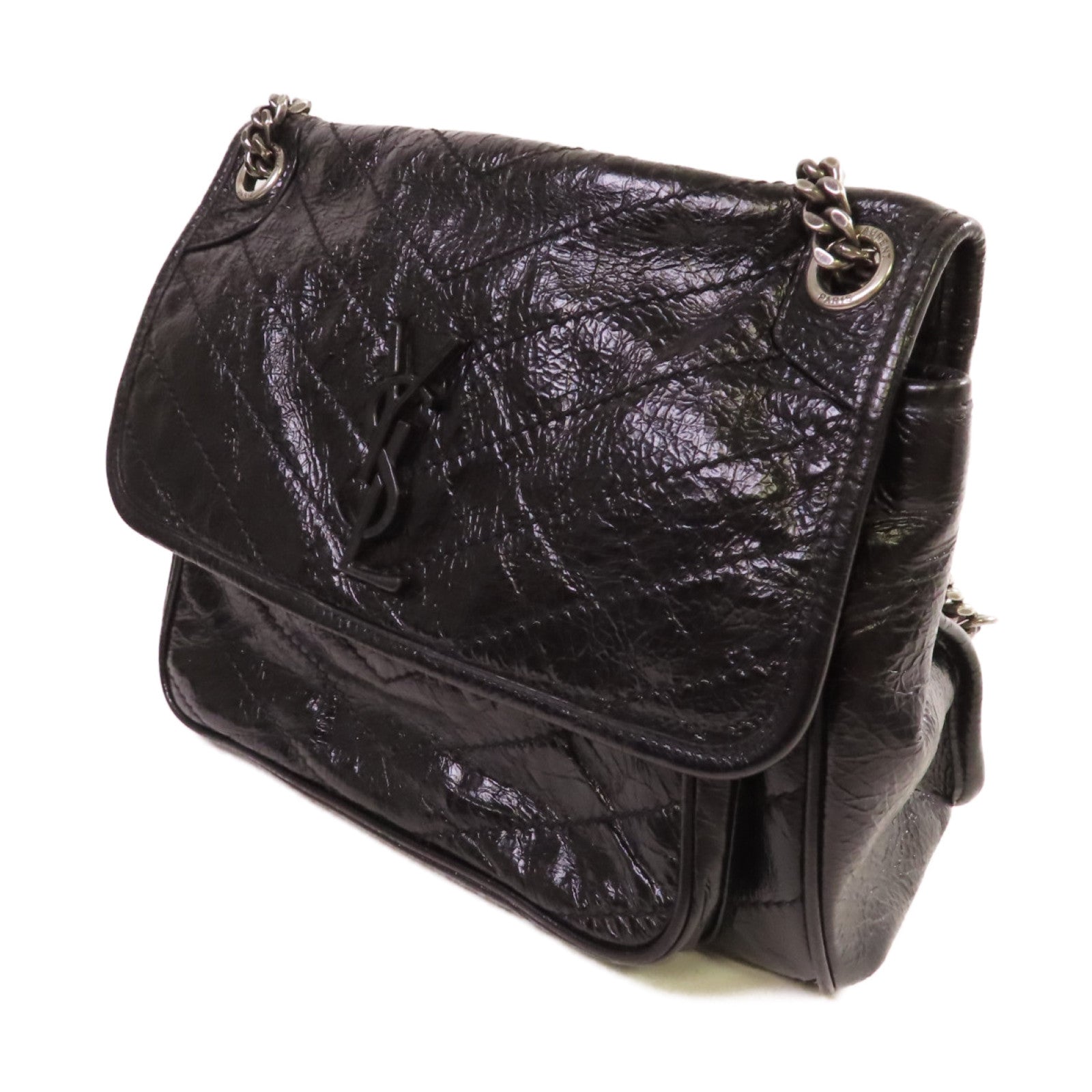 SAINT LAURENT 斜紋皮革Niki Medium Shoulder Bag銀扣鏈帶肩背袋黑色