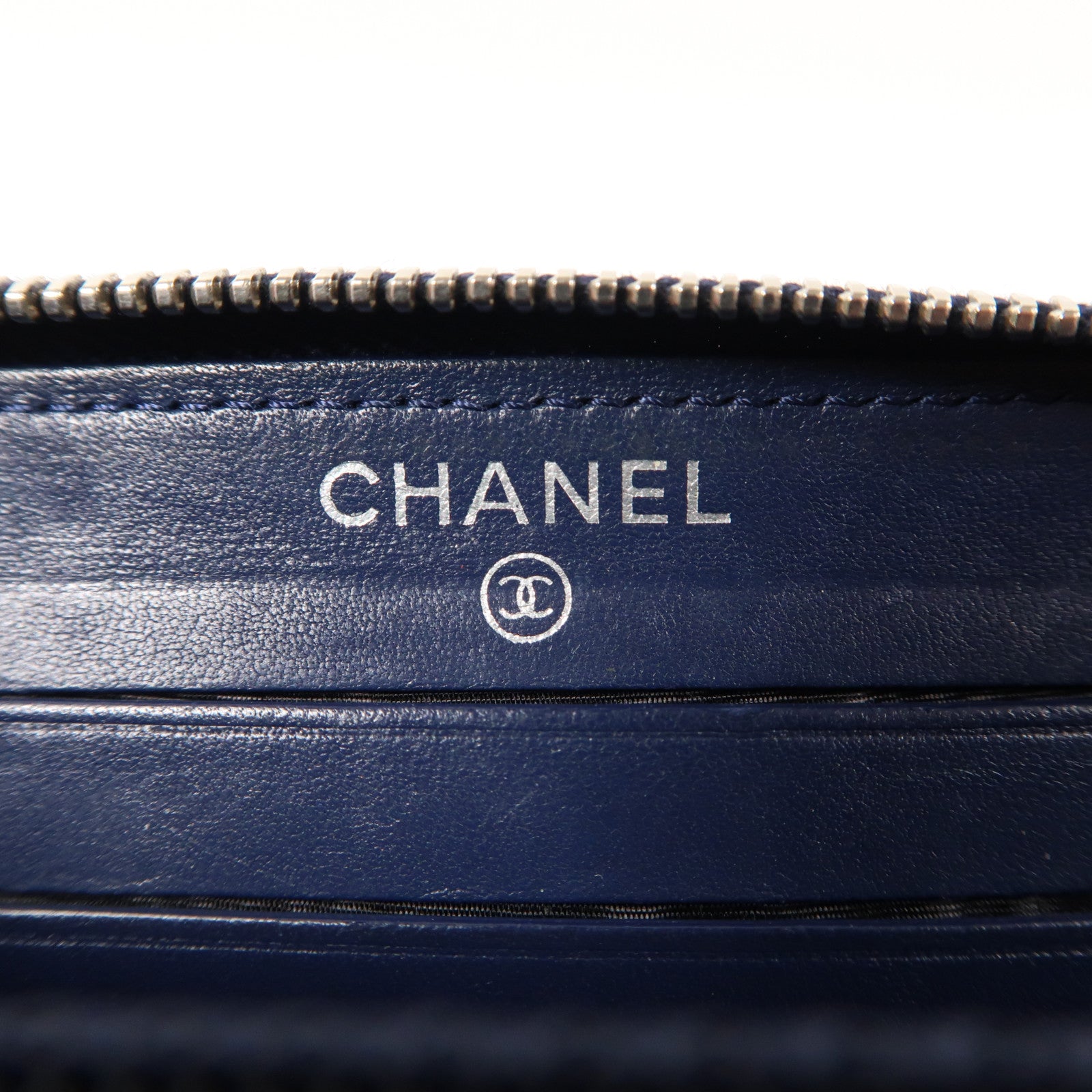 CHANEL 菱格羊皮皮革Zipper Long Wallet銀扣拉鍊長錢包深藍色