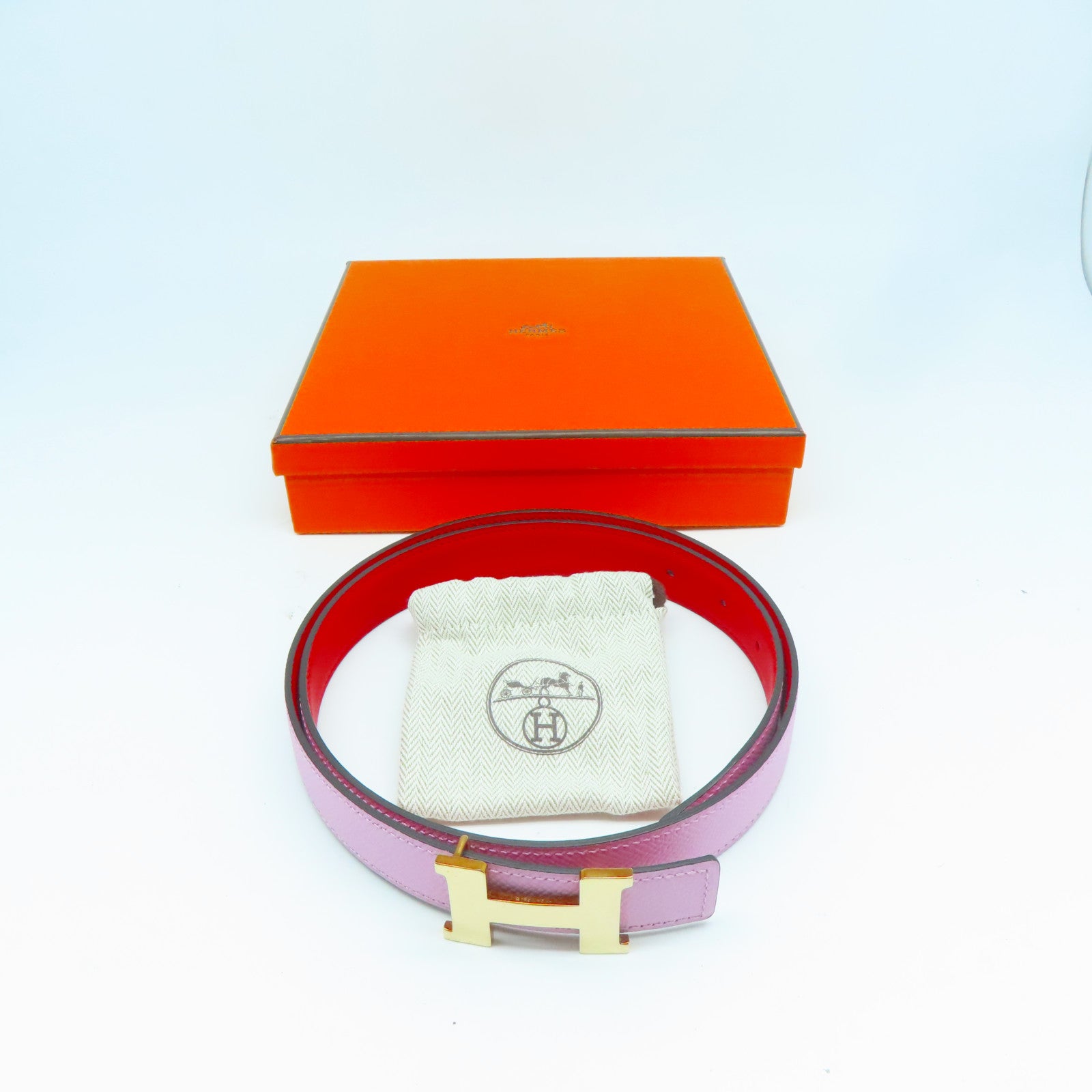 HERMES 【激減優惠】Epsom皮革/Swift皮革Belt金扣皮帶粉紅色/紅色